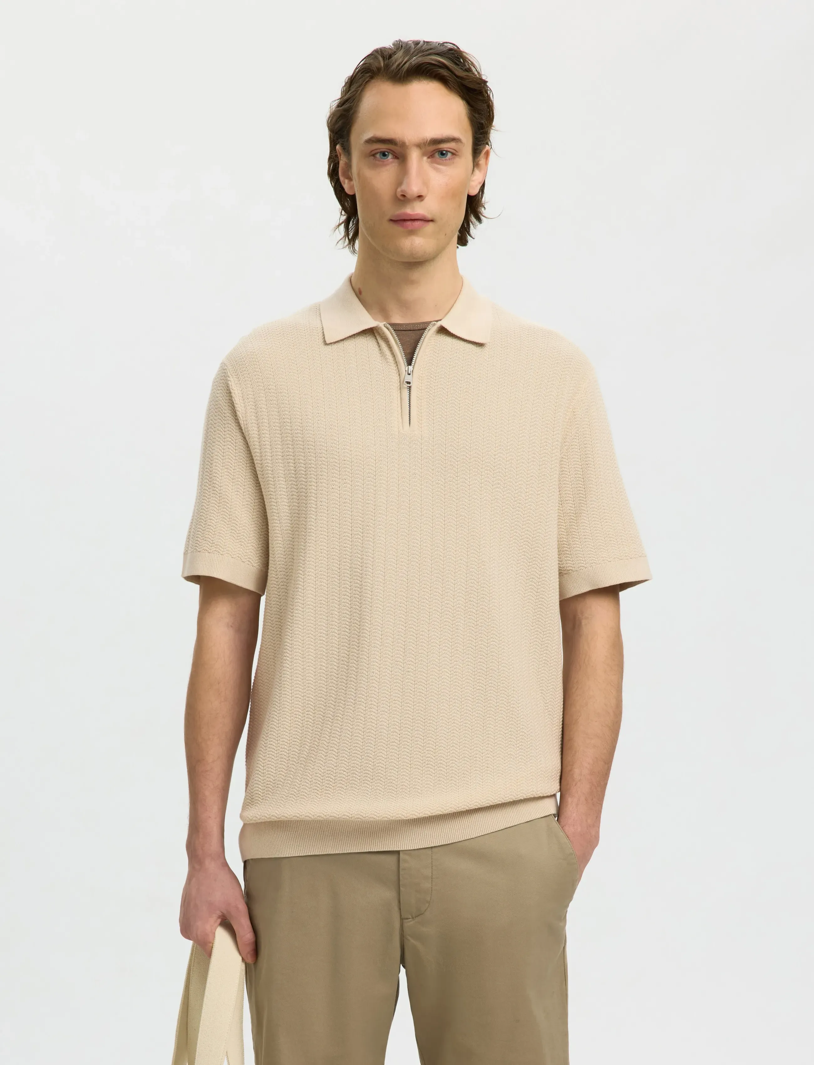 Selected SLMCRAN SS KNIT STRUCTURE ZIP POLO NOOS - Tøj - OATMEAL / beige