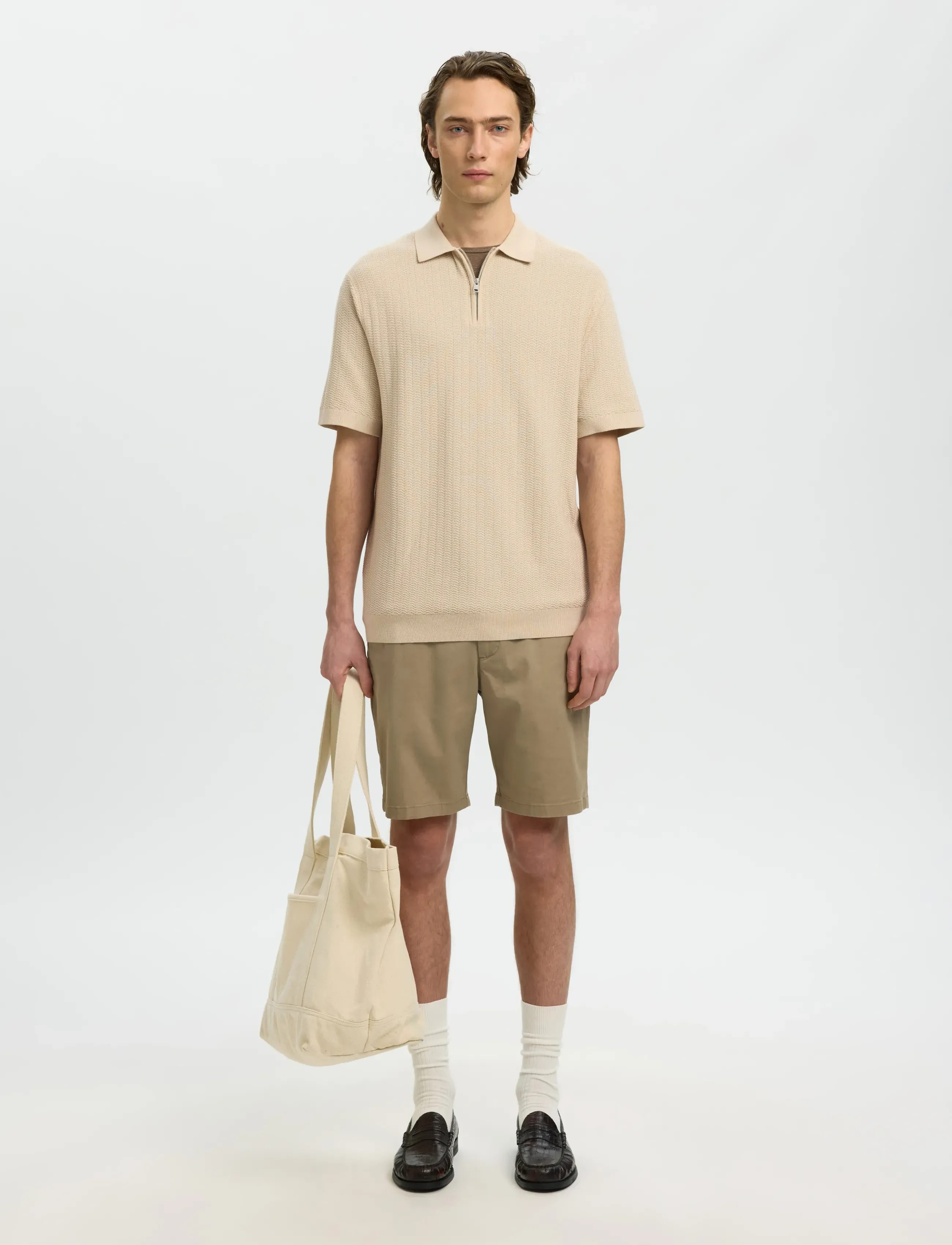 Selected - SLMCRAN SS KNIT STRUCTURE ZIP POLO NOOS - stickade pikéer - oatmeal - 3