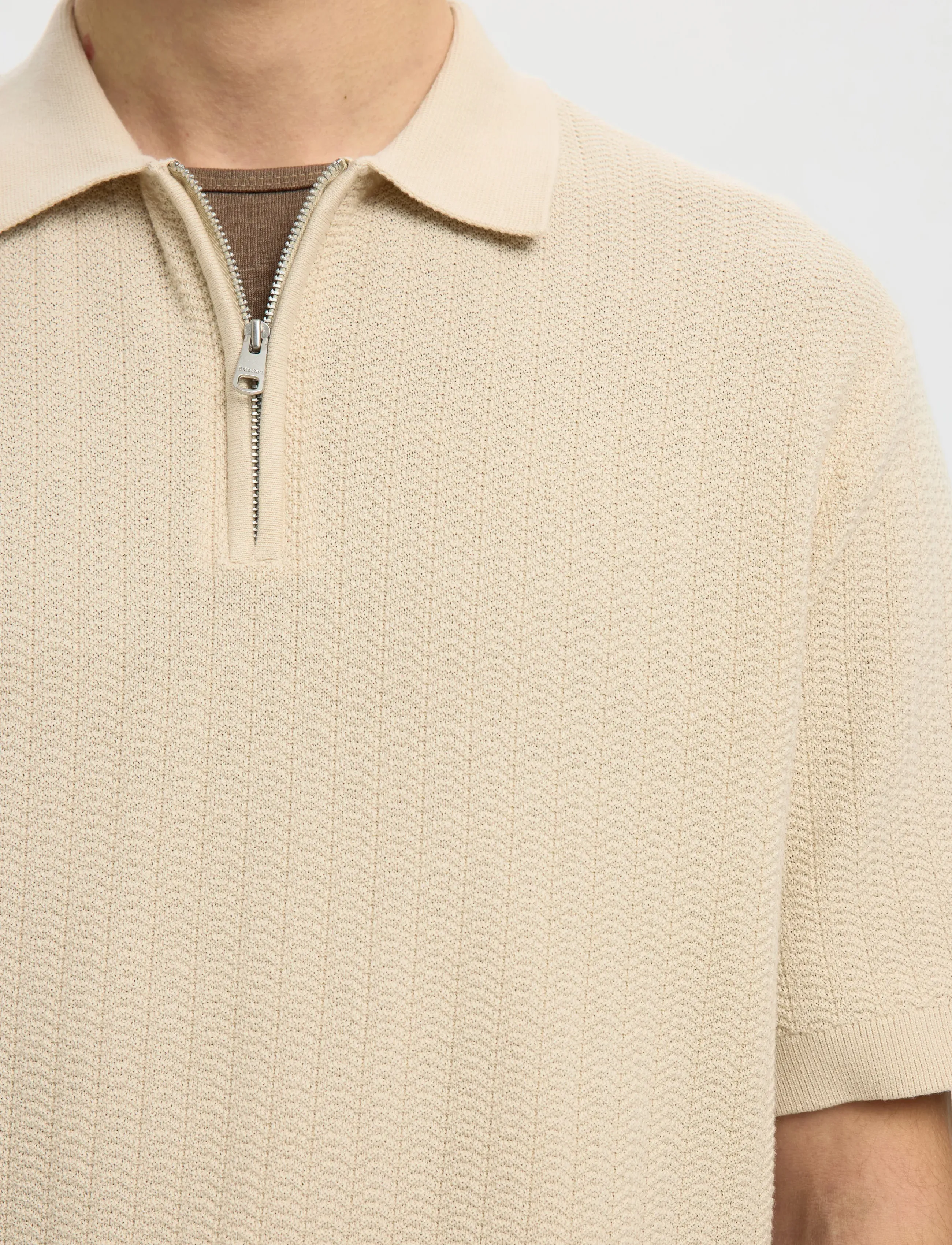 Selected - SLMCRAN SS KNIT STRUCTURE ZIP POLO NOOS - stickade pikéer - oatmeal - 4
