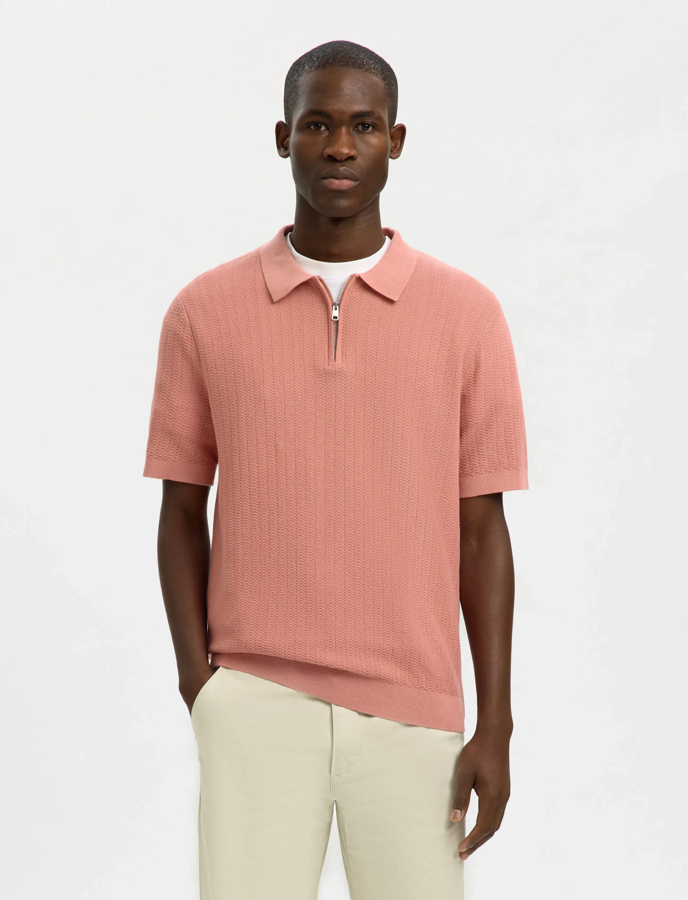 Selected SLMCRAN SS KNIT STRUCTURE ZIP POLO NOOS - Poloshirts - ROSE DAWN / pink/rose