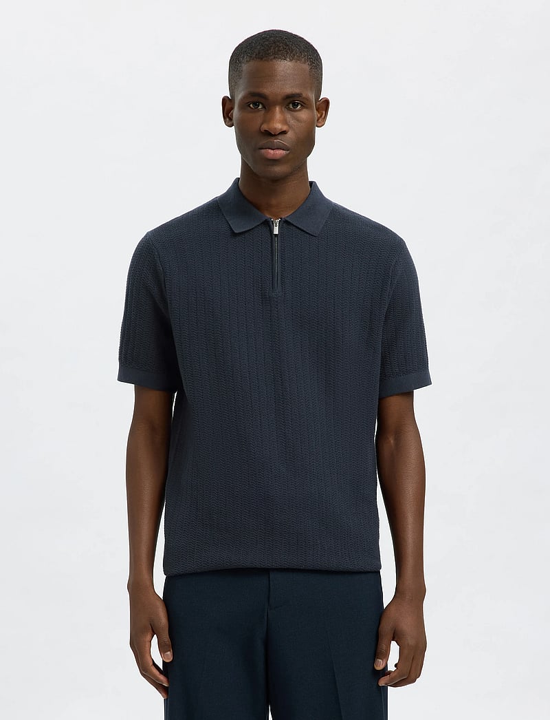 Selected - SLMCRAN SS KNIT STRUCTURE ZIP POLO NOOS - kortærmede poloer - sky captain - 0