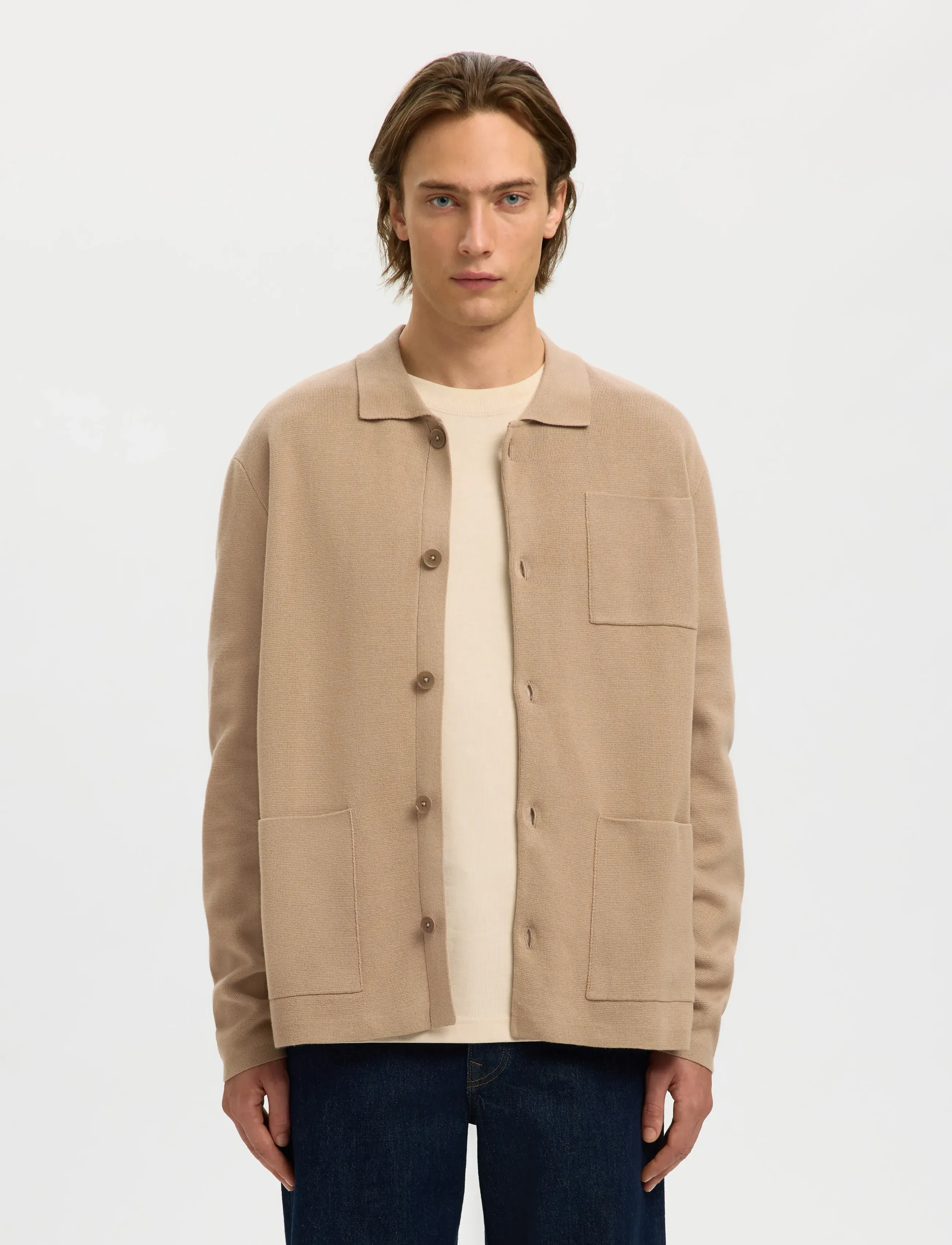 Selected Slmmike Light Polo Cardigan Noos, M, Beige, Strik > Cardigans, Herre