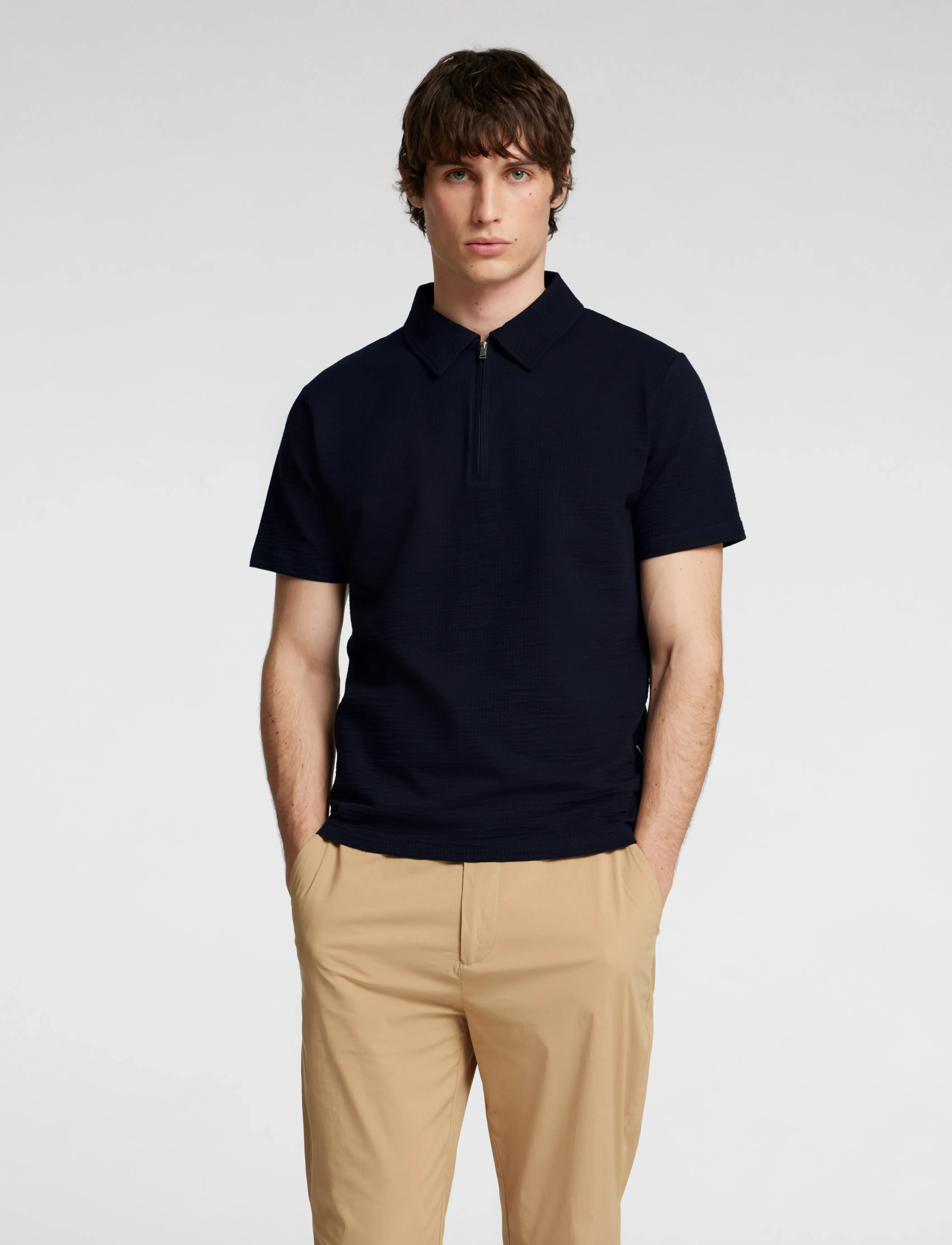 Selected SLHSANDER SEERSUCKER ZIP SS POLO - Poloer - SKY CAPTAIN / navy