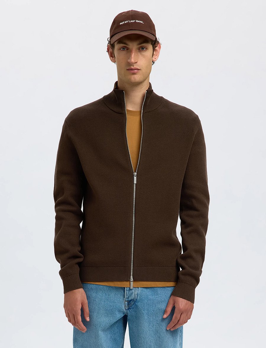 Selected - SLMDANE LS KNIT REG STRUC FULL ZIP NOOS - full zip jumpers - demitasse - 0
