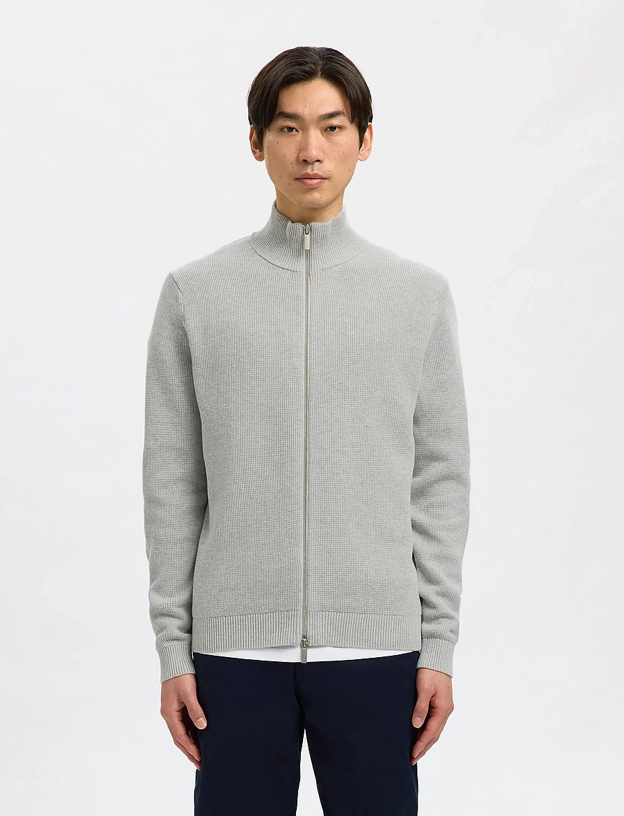 Selected - SLMDANE LS KNIT REG STRUC FULL ZIP NOOS - fullzip strik - light grey melange - 3