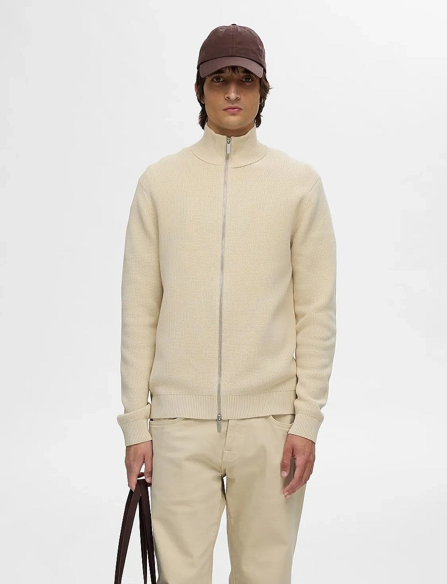 Selected - SLMDANE LS KNIT REG STRUC FULL ZIP NOOS - fullzip strik - oatmeal - 0
