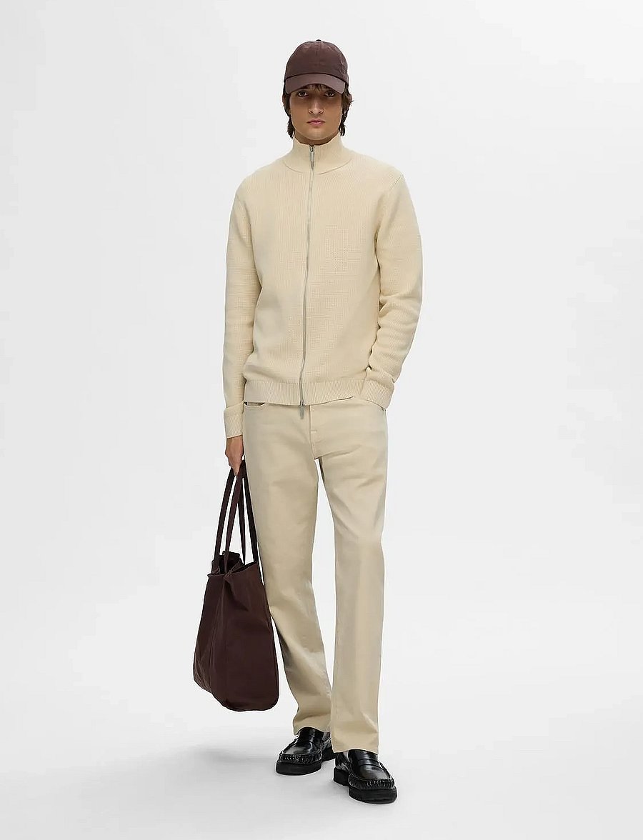 Selected - SLMDANE LS KNIT REG STRUC FULL ZIP NOOS - fullzip strik - oatmeal - 4