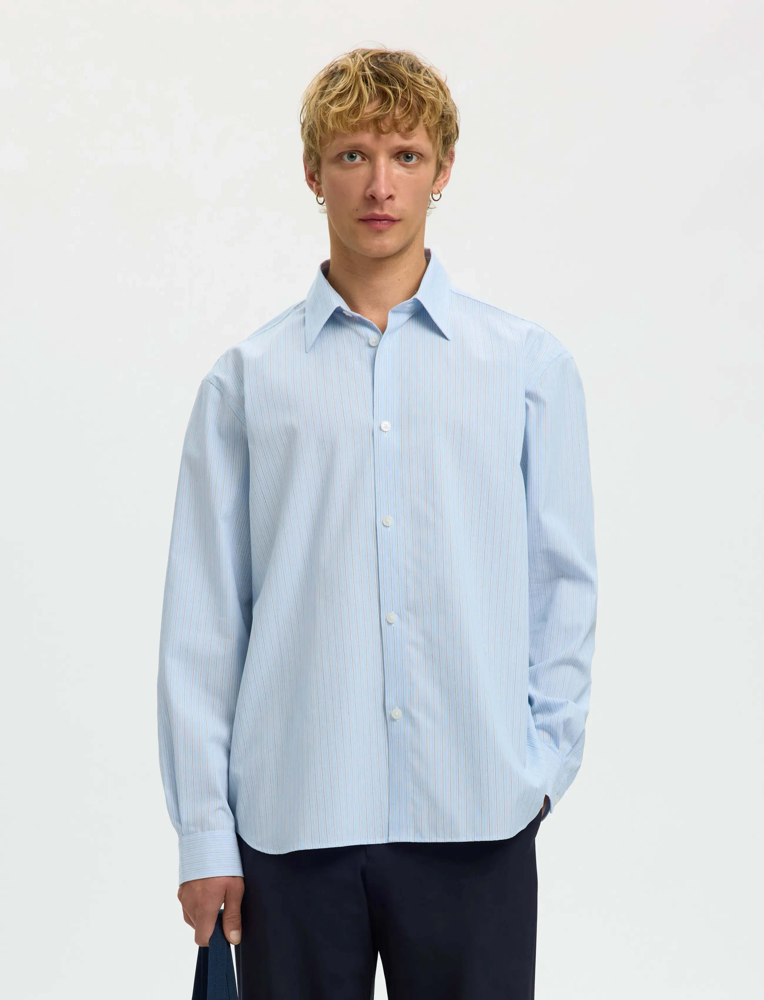 Selected Slhrlxben Stripe Ls Shirt, M, Blue, Shirts > Striped Shirts, Herre