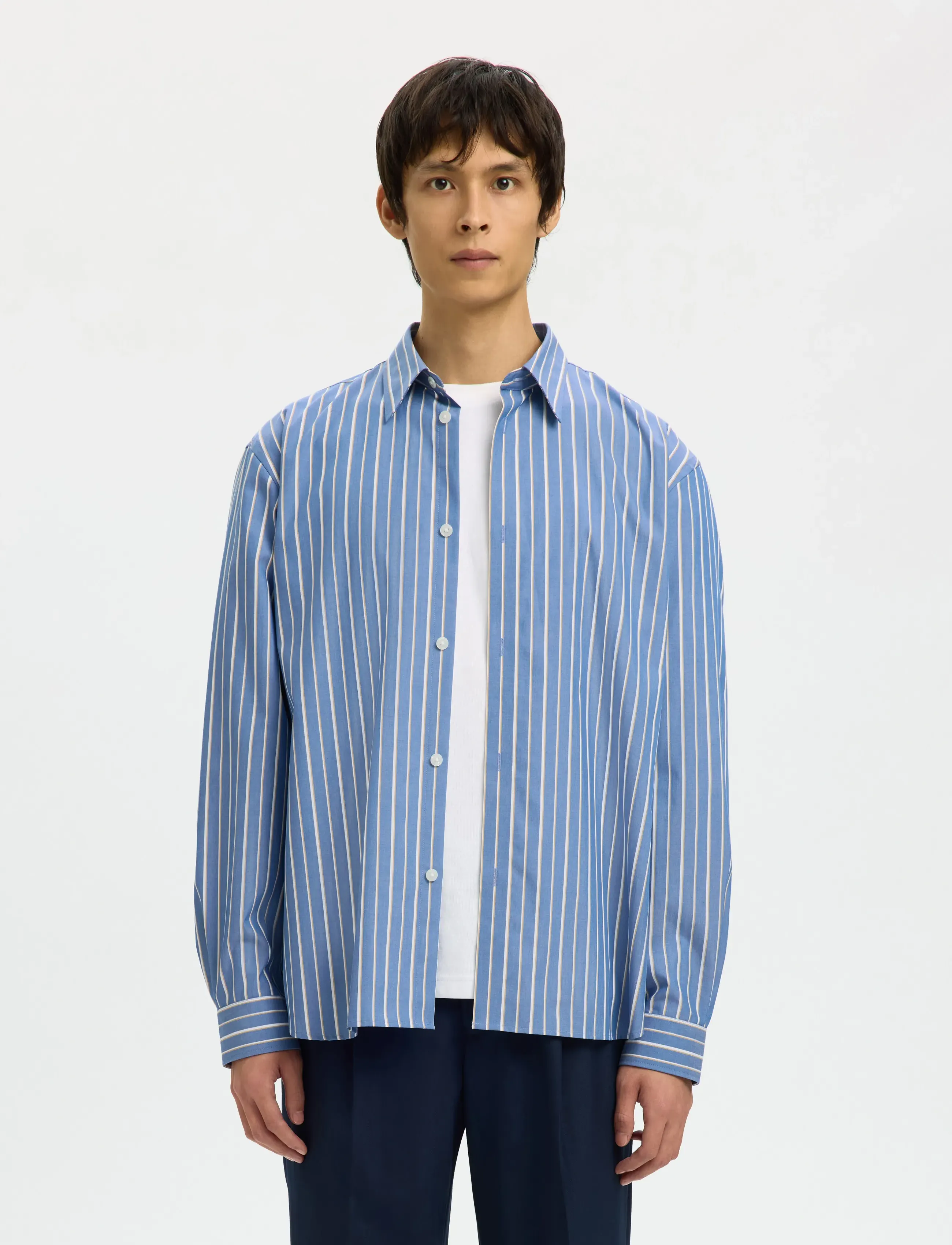 Selected Slhrlxben Stripe Ls Shirt, L, Blue, Shirts > Striped Shirts, Herre