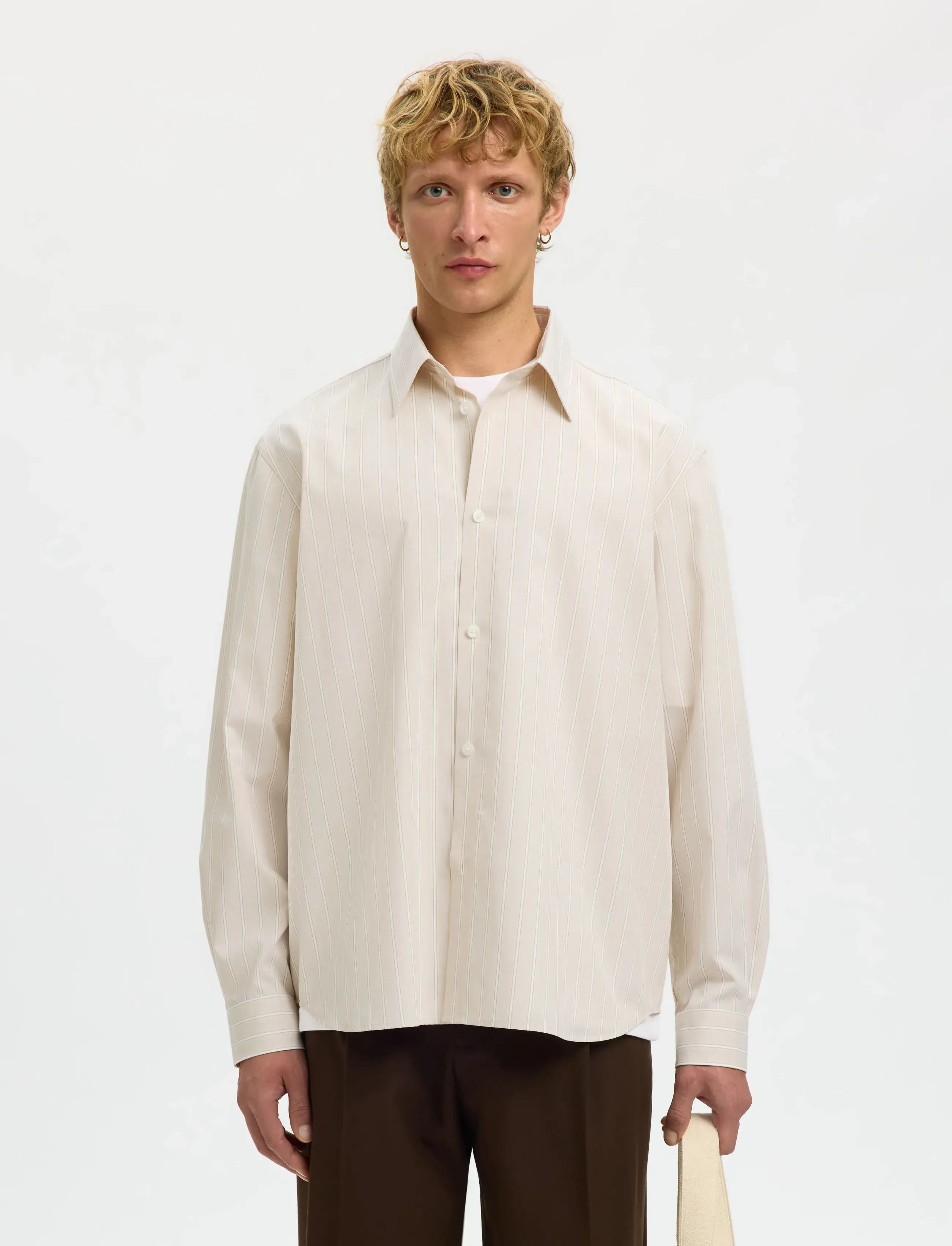 Selected Slhrlxben Stripe Ls Shirt, S, Shirts, Creme - Striped Männerswear
