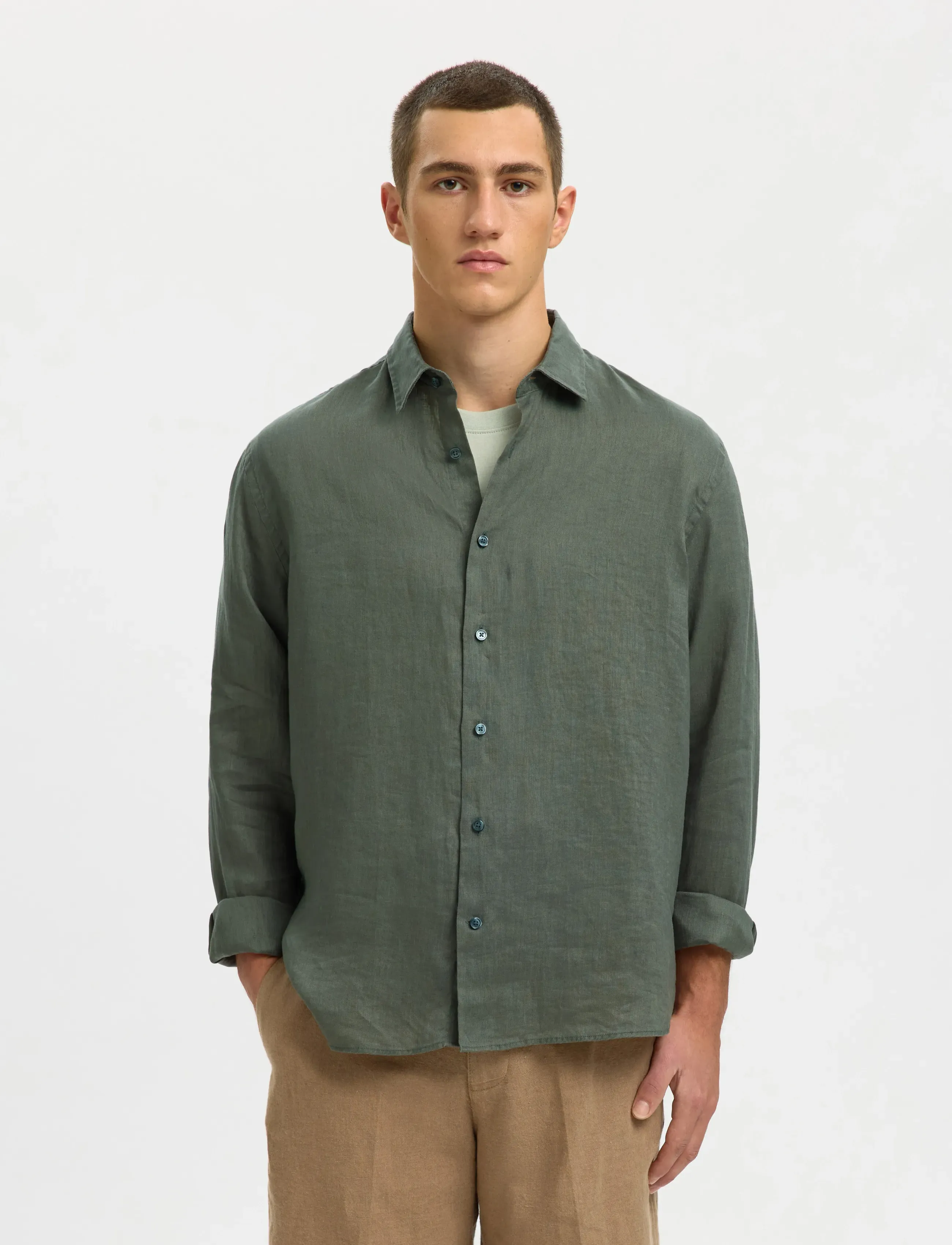 Selected SLHREGKYLIAN LINEN LS SHIRT - Drabužiai - BALSAM GREEN / khaki/green