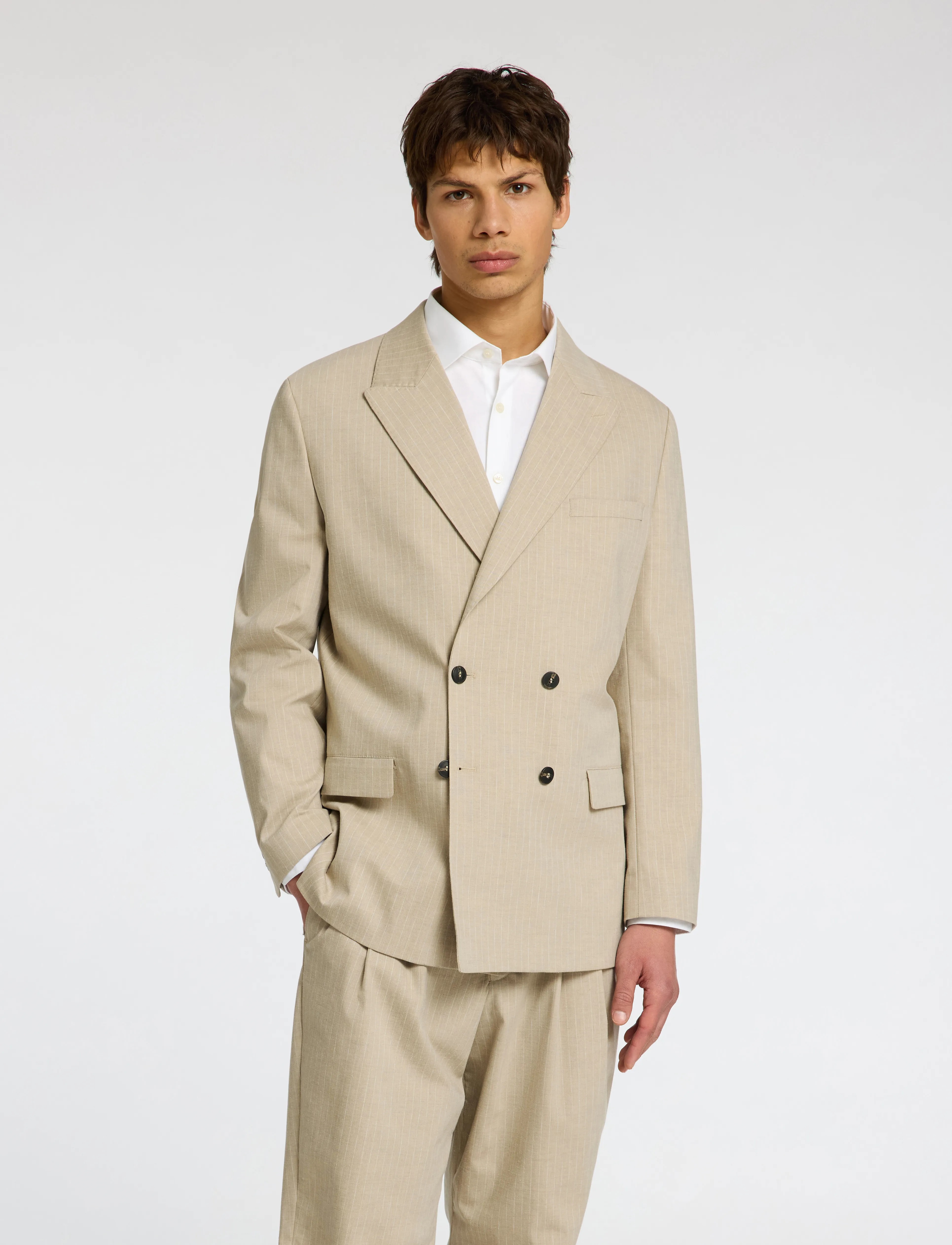 Selected Slhrelaxed- Finn Pinstriped Db Blz, 48, Suits & Blazer, Beige - Männerswear