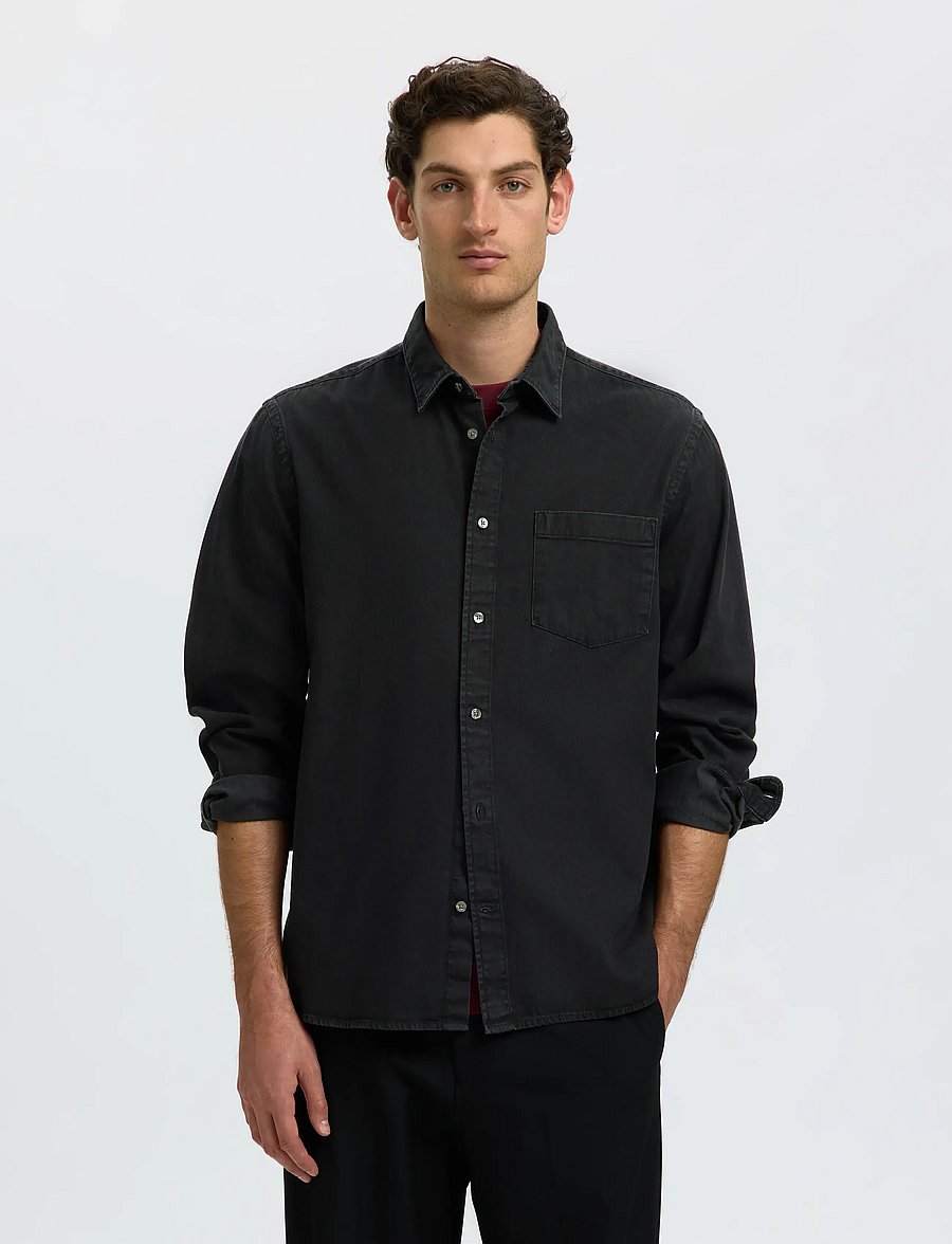 Selected - SLMCLAUS-CARLO REG DENIM LS SHIRT NOOS - teksasärgid - black denim - 0