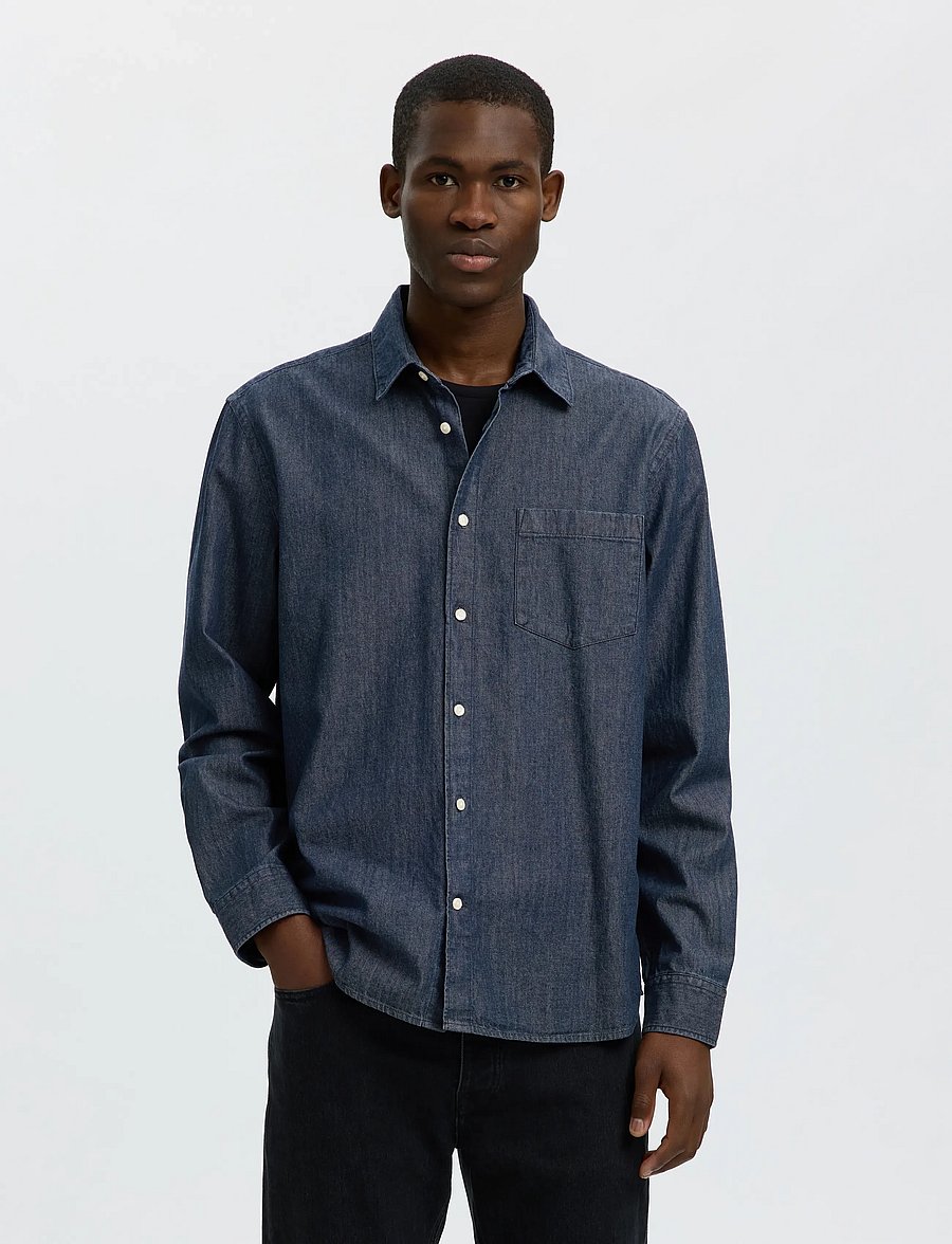 Selected - SLMCLAUS-CARLO REG DENIM LS SHIRT NOOS - denim shirts - dark blue denim - 0