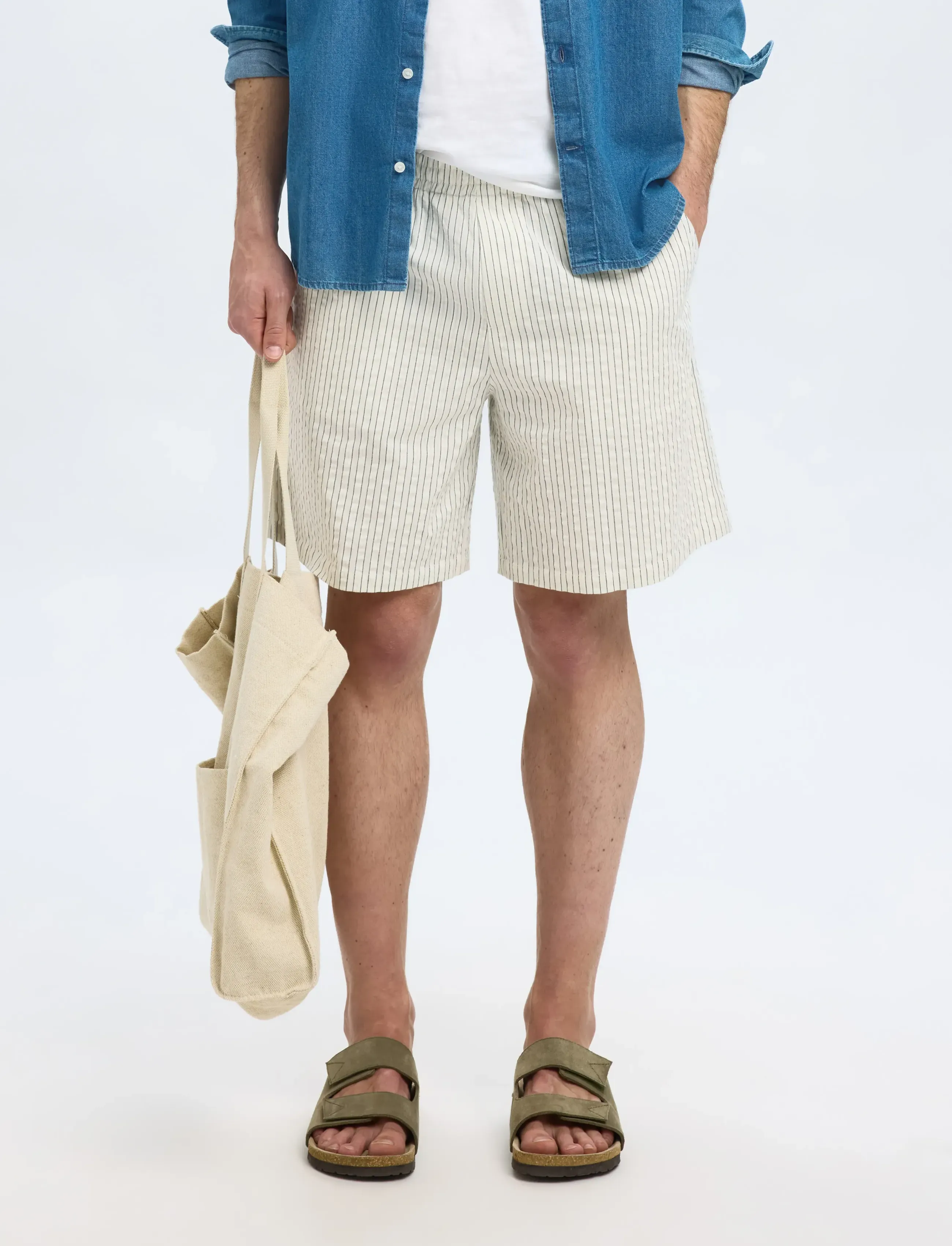 Selected Slhloose-Ace Seersucker String Shorts, S, Cream, Shorts > Afslappede Shorts, Herre
