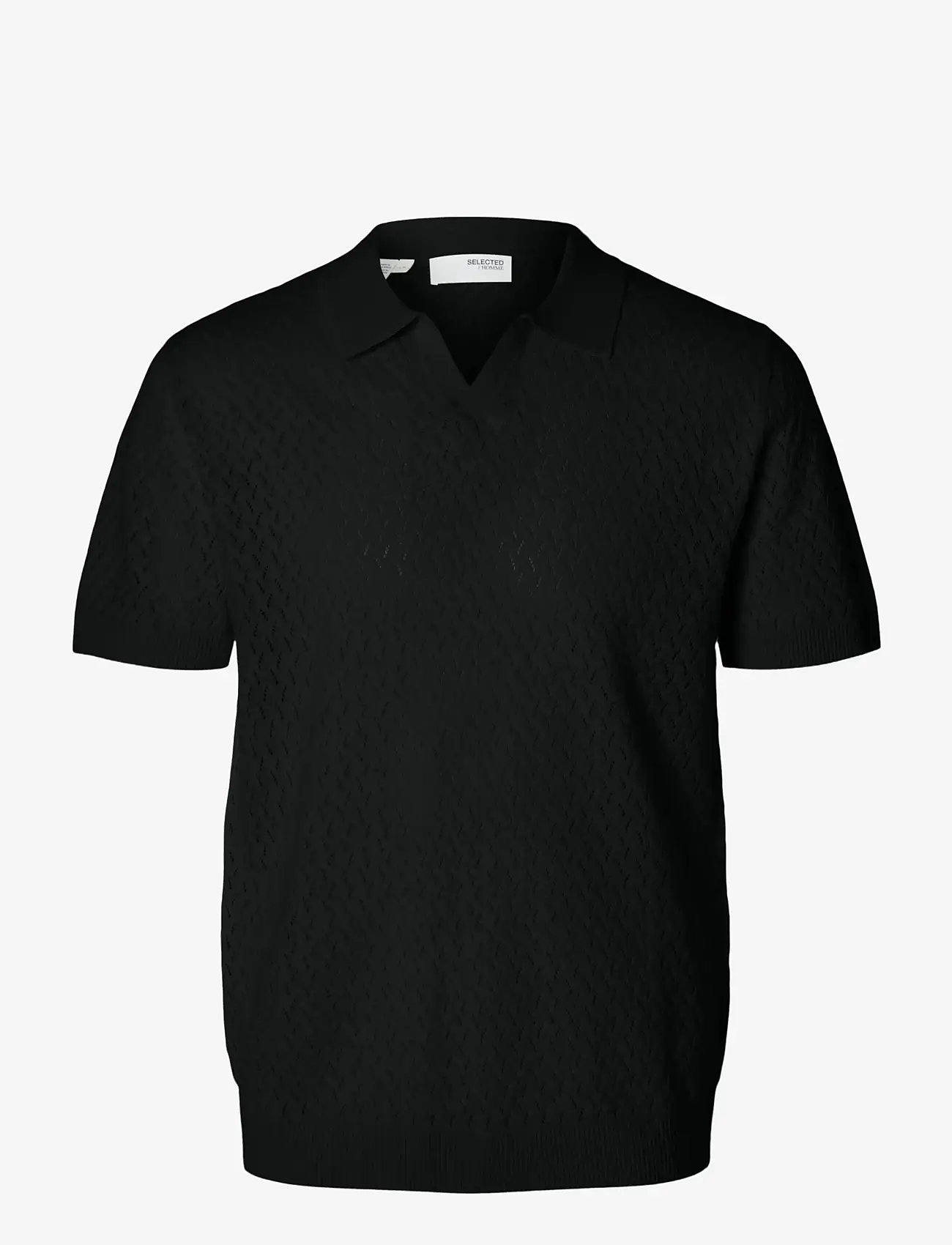 Selected - SLHLINO SS KNIT CROCHET OPEN POLO - polos en tricot - black - 1