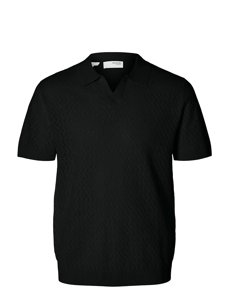 Selected - SLHLINO SS KNIT CROCHET OPEN POLO - kootud polosärgid - black - 1
