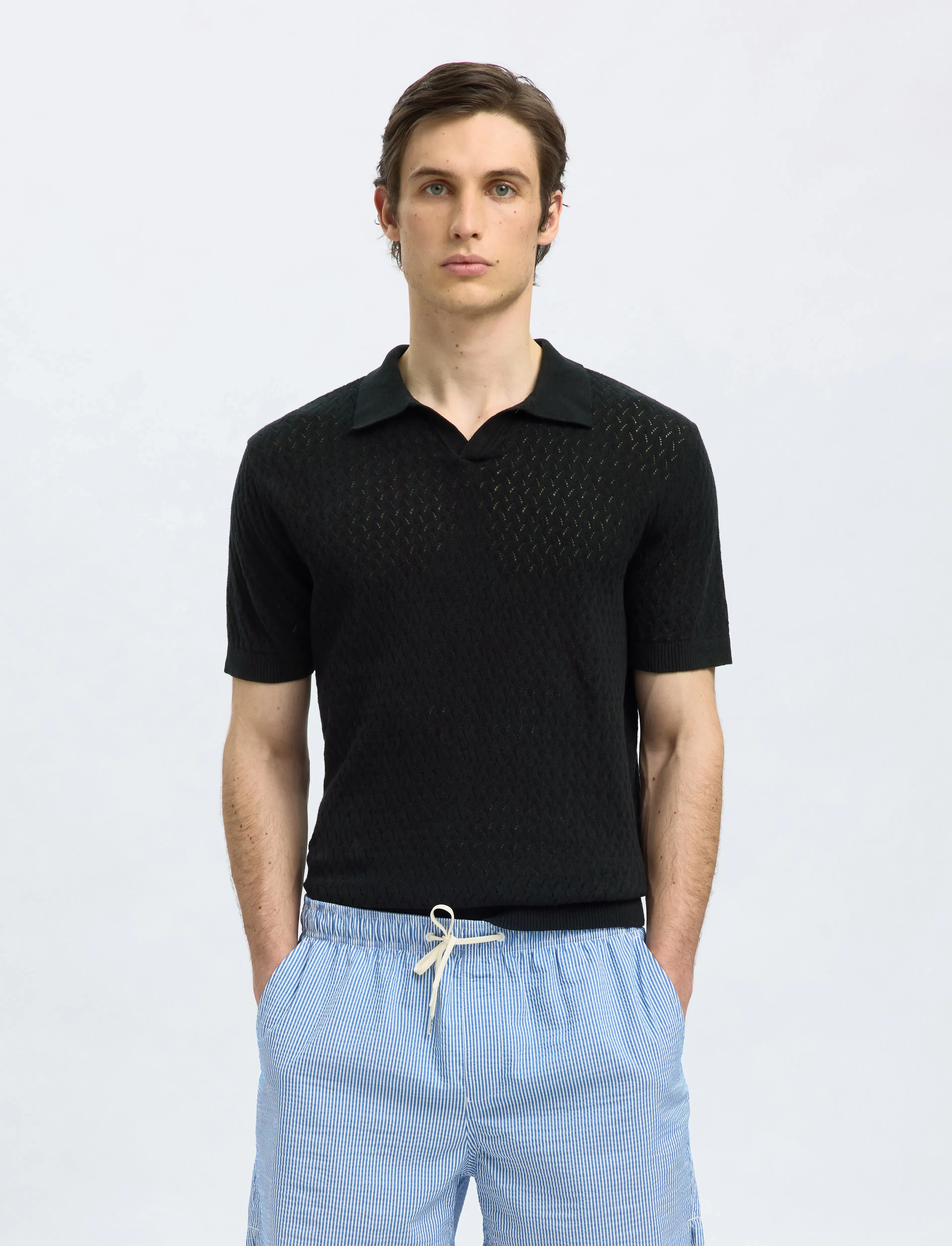 Selected - SLHLINO SS KNIT CROCHET OPEN POLO - kootud polosärgid - black - 0