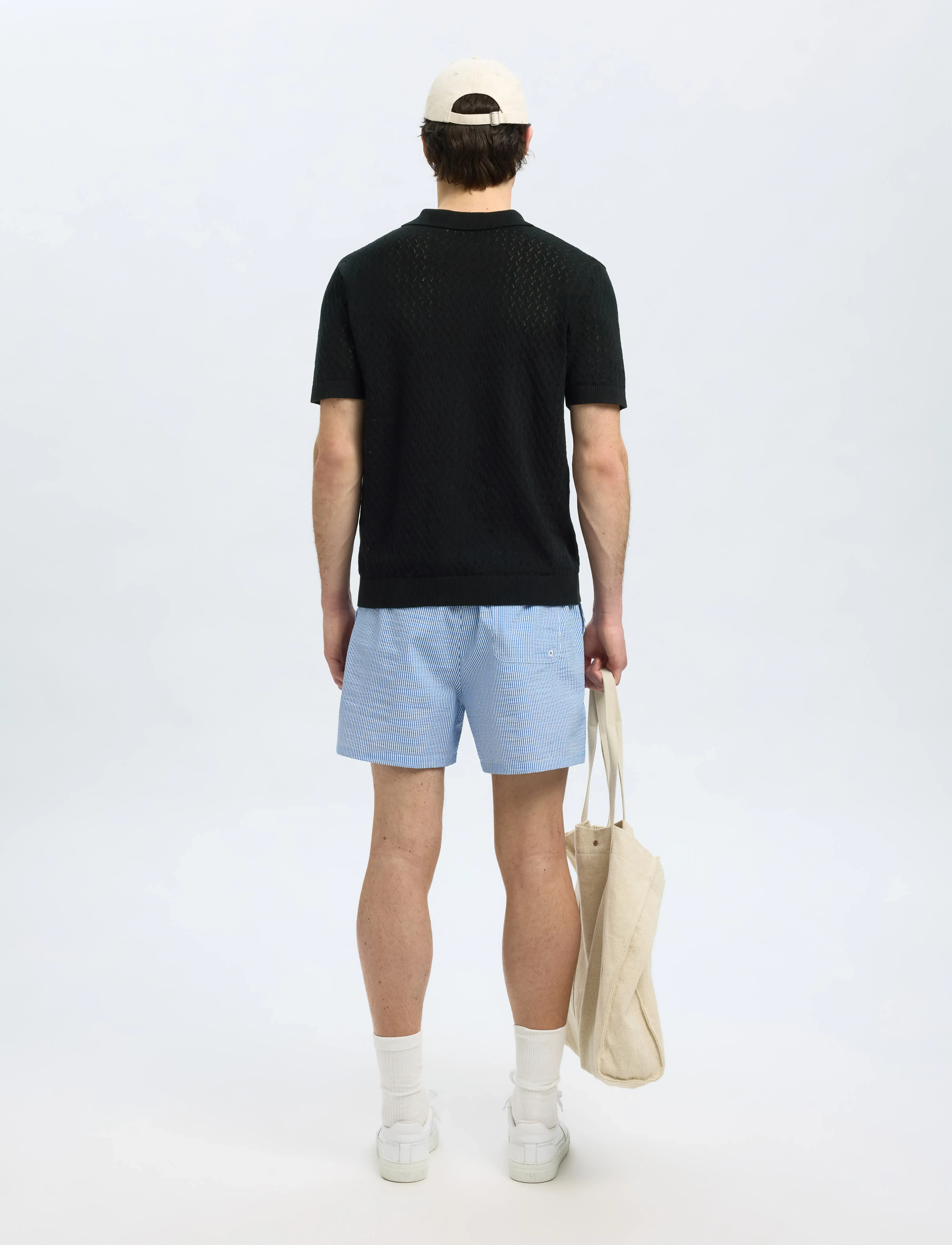 Selected - SLHLINO SS KNIT CROCHET OPEN POLO - gestrickte polohemden - black - 2