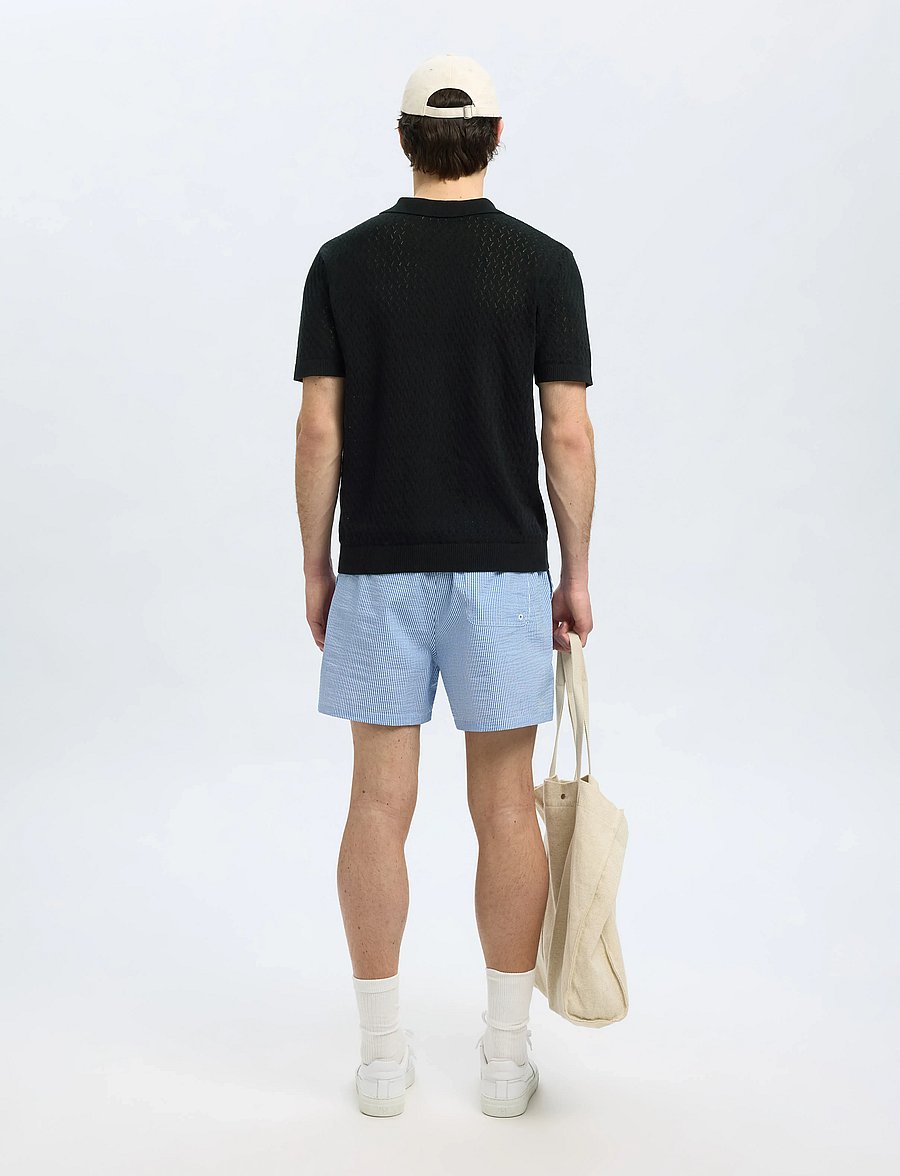 Selected - SLHLINO SS KNIT CROCHET OPEN POLO - kootud polosärgid - black - 2