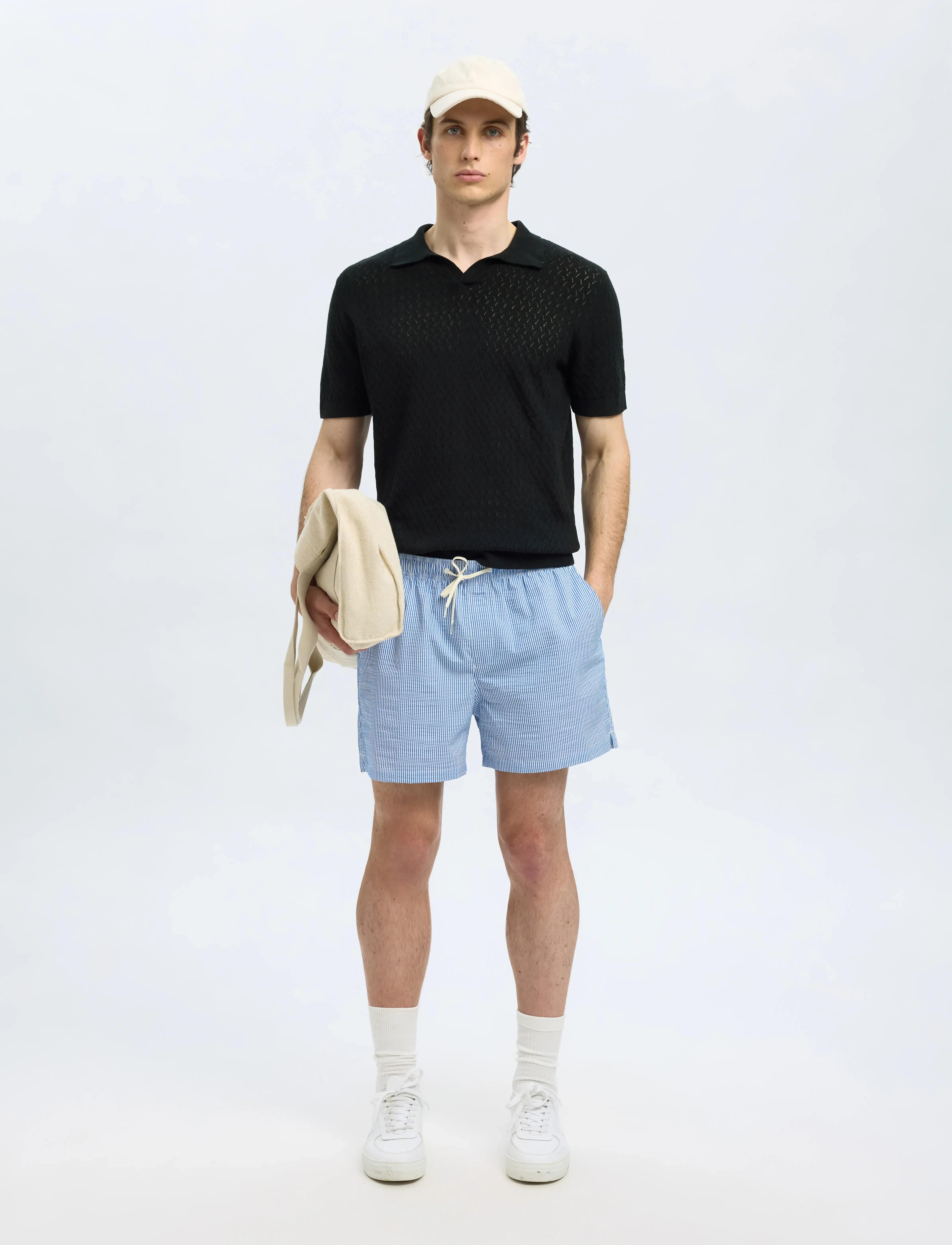 Selected - SLHLINO SS KNIT CROCHET OPEN POLO - kootud polosärgid - black - 3