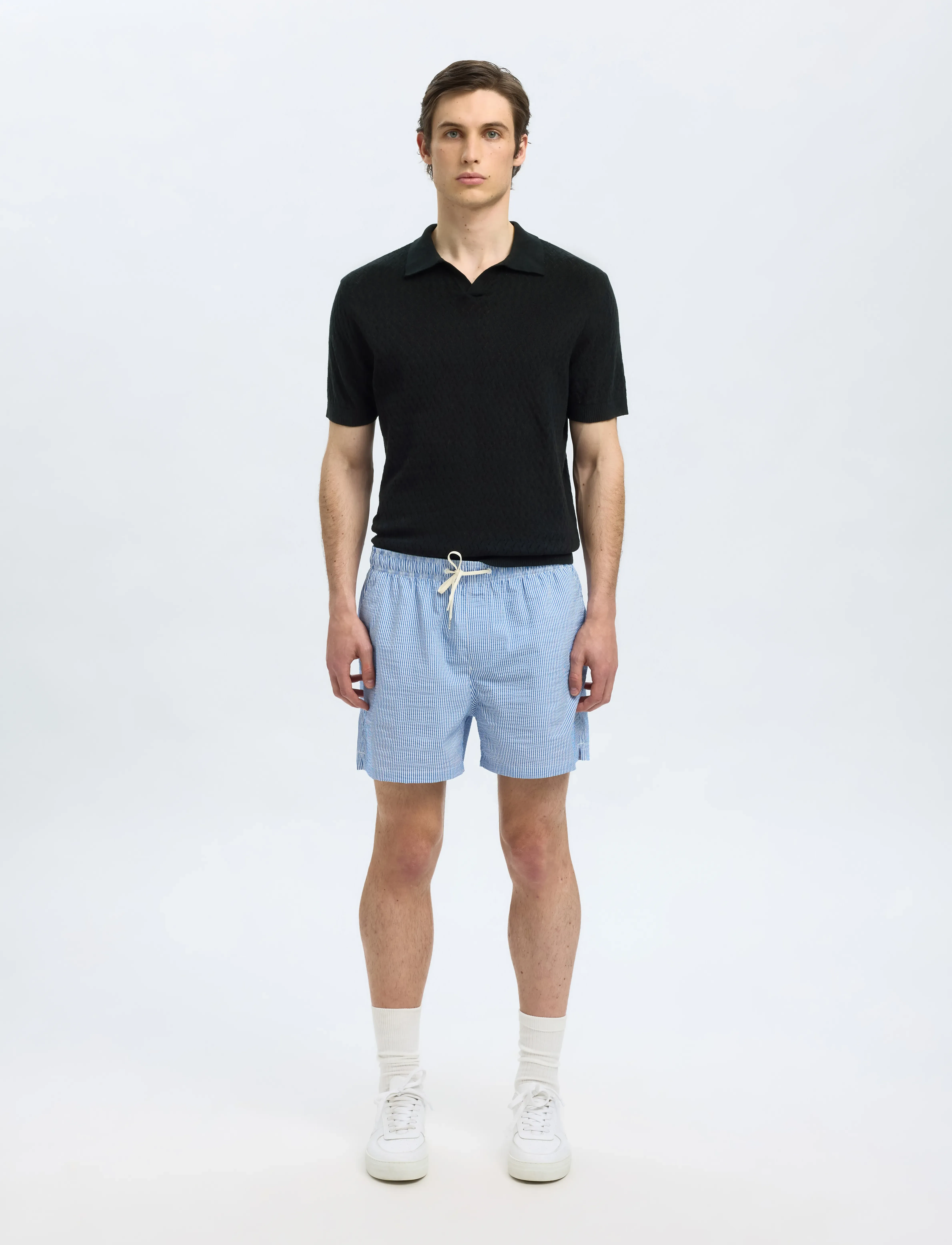 Selected - SLHLINO SS KNIT CROCHET OPEN POLO - gestrickte polohemden - black - 4