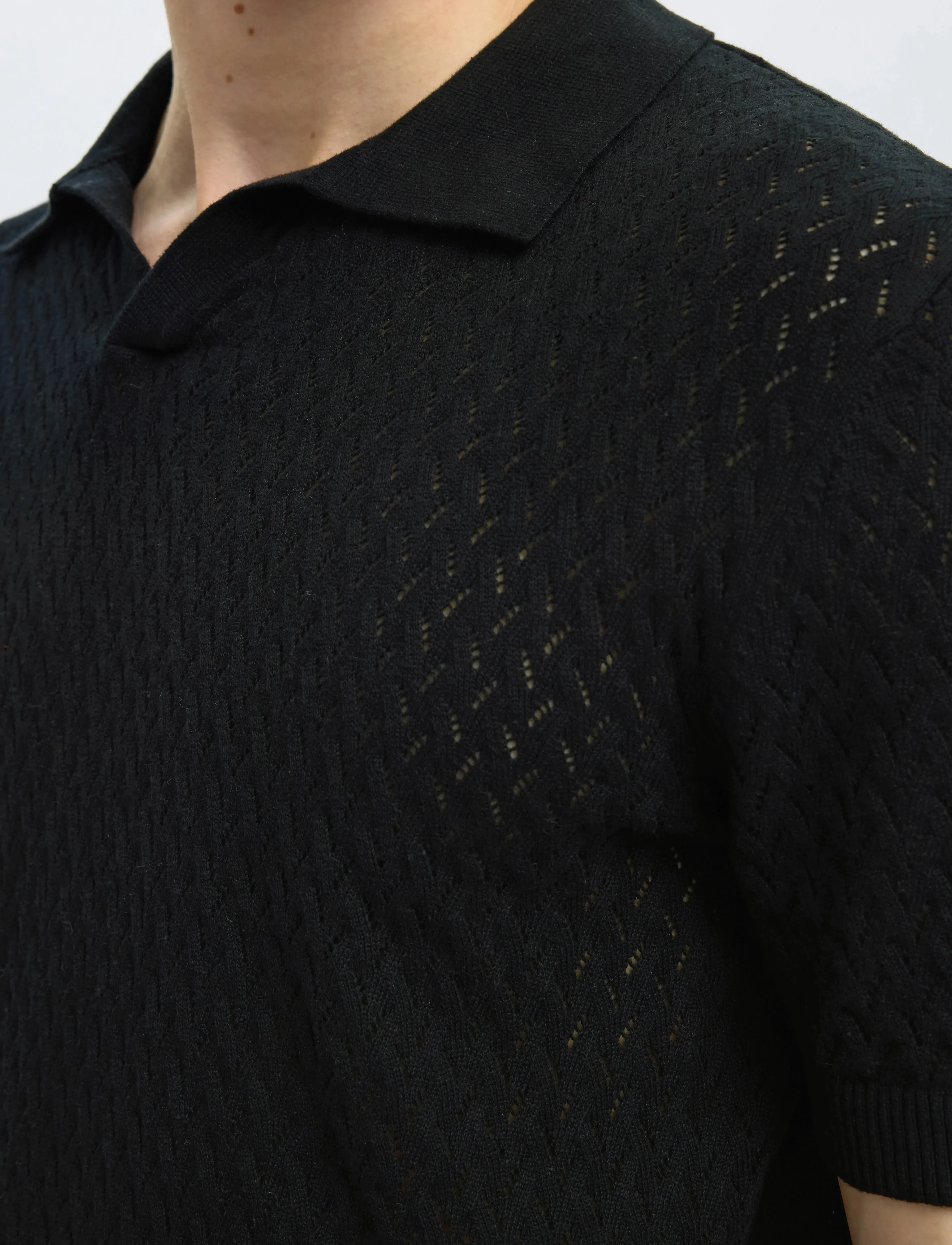 Selected - SLHLINO SS KNIT CROCHET OPEN POLO - kootud polosärgid - black - 5
