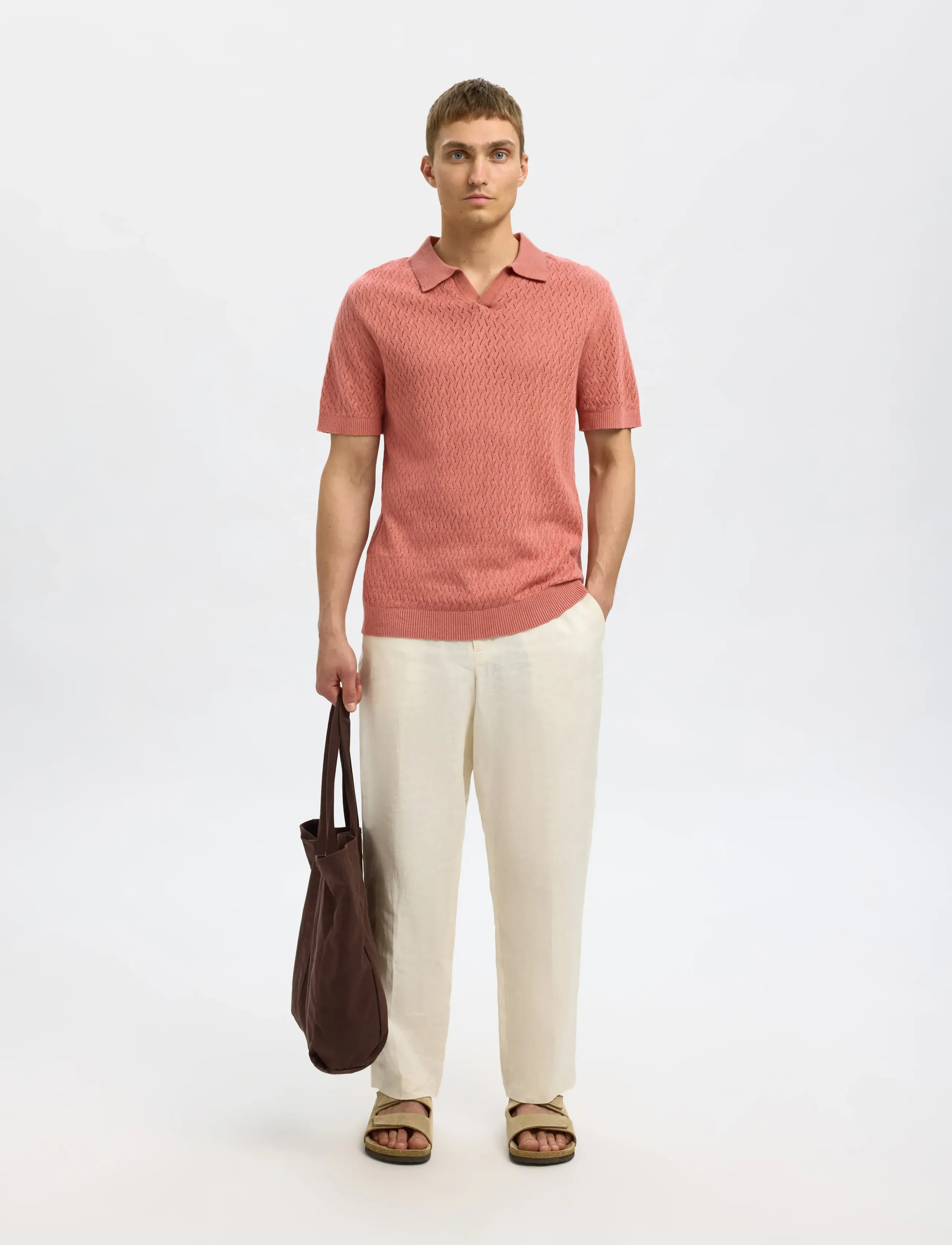 Selected - SLHLINO SS KNIT CROCHET OPEN POLO - laveste priser - rose dawn - 3