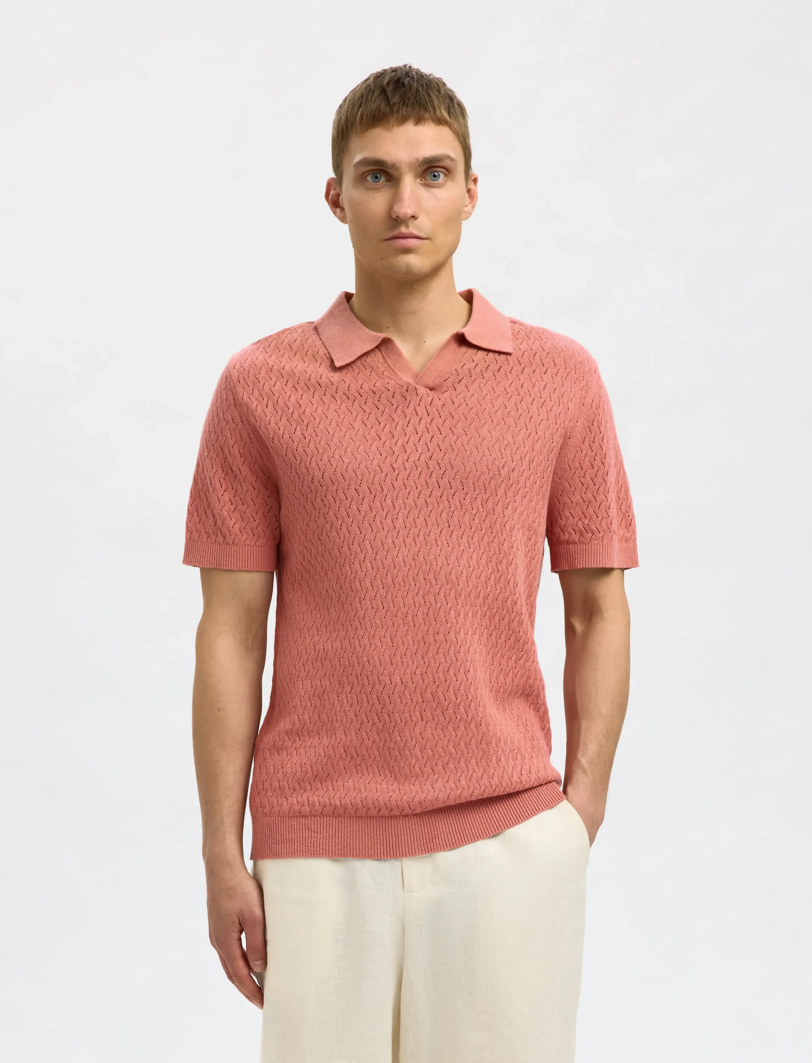 Selected - SLHLINO SS KNIT CROCHET OPEN POLO - laveste priser - rose dawn - 4