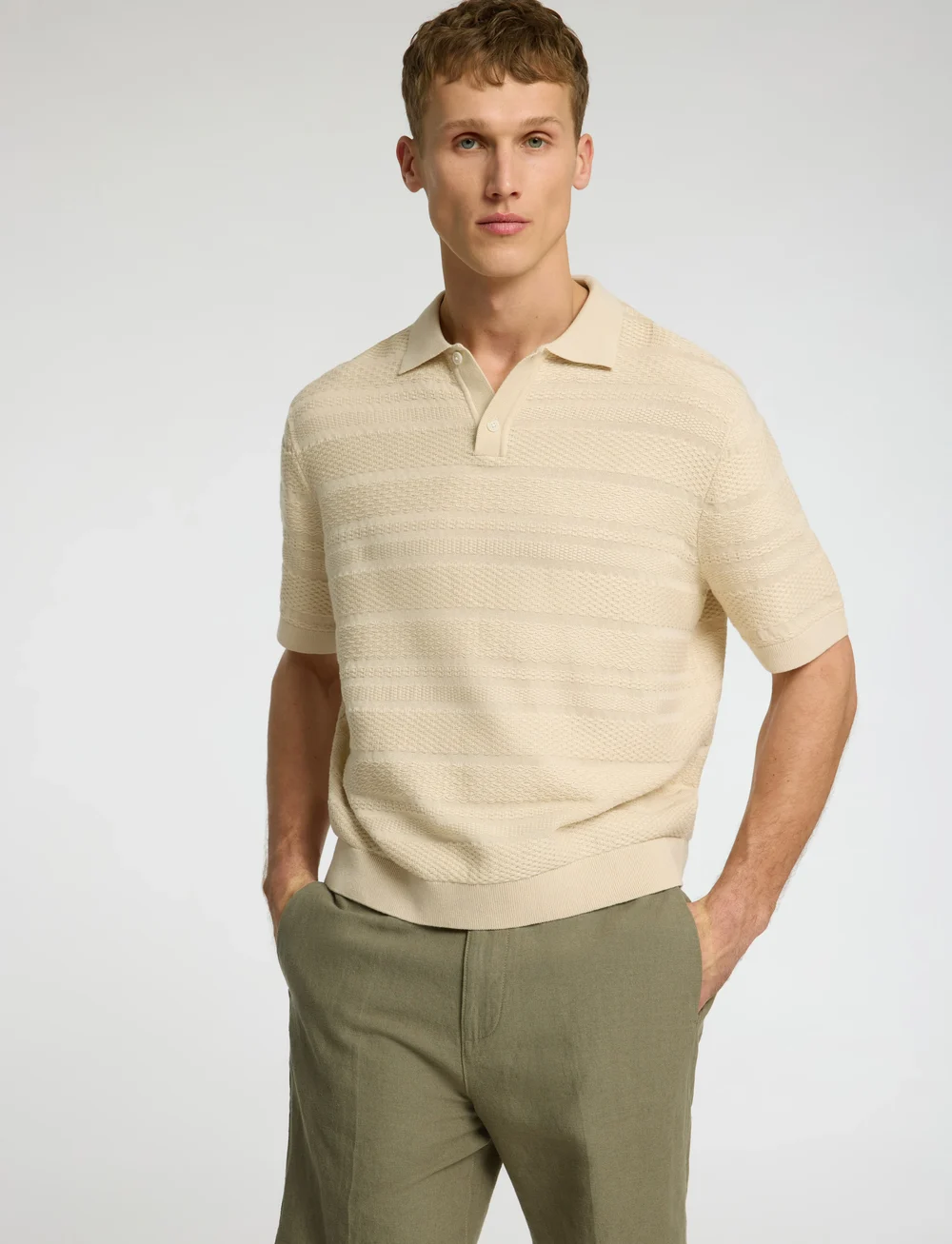 Selected - SLHFOAM SS KNIT RELAXED STRUCTURE POLO - kurzärmelig - oatmeal - 4