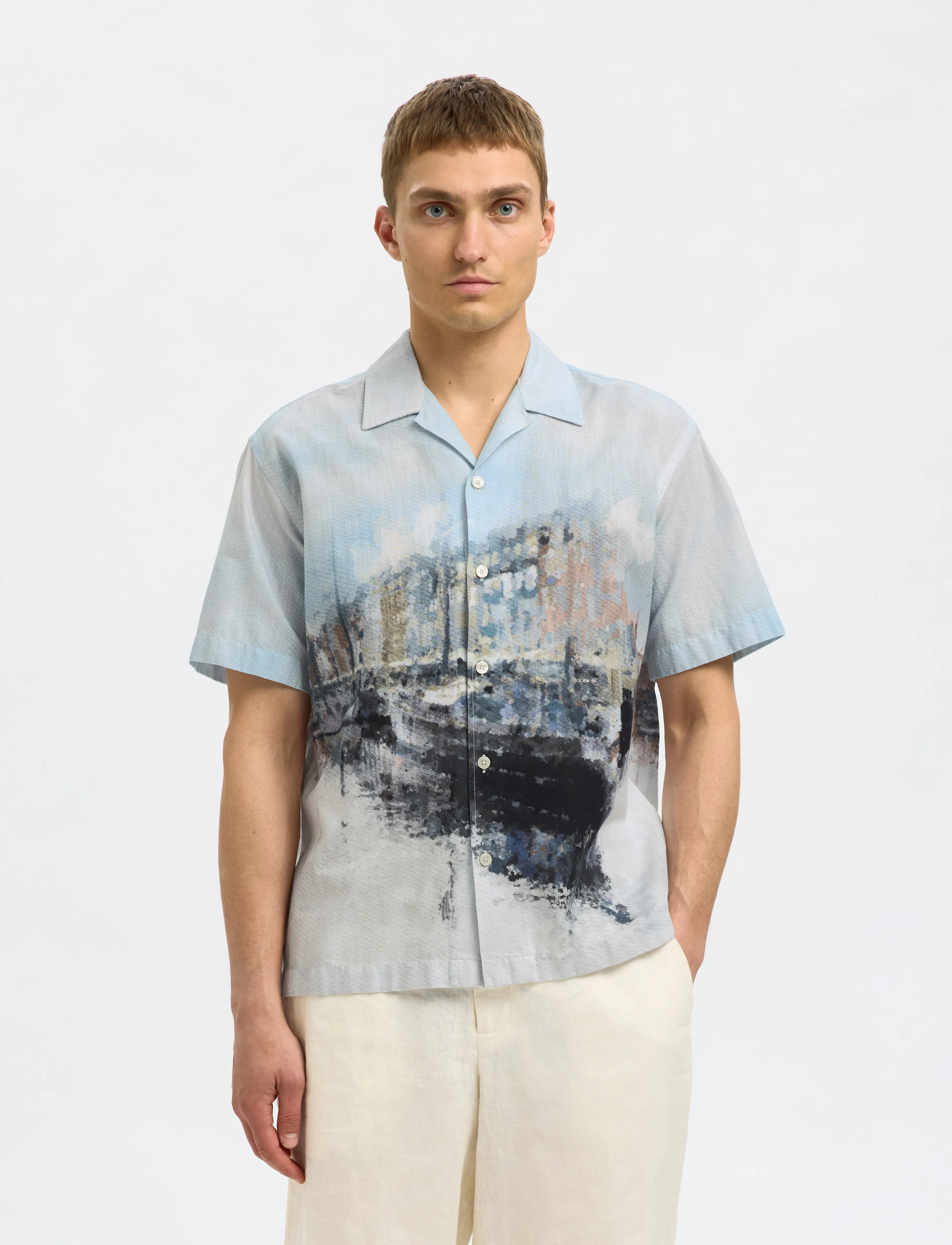 Selected Slhrlxcarl Aop Ss Shirt, L, Shirts, Blau - Short-sleeved Männerswear