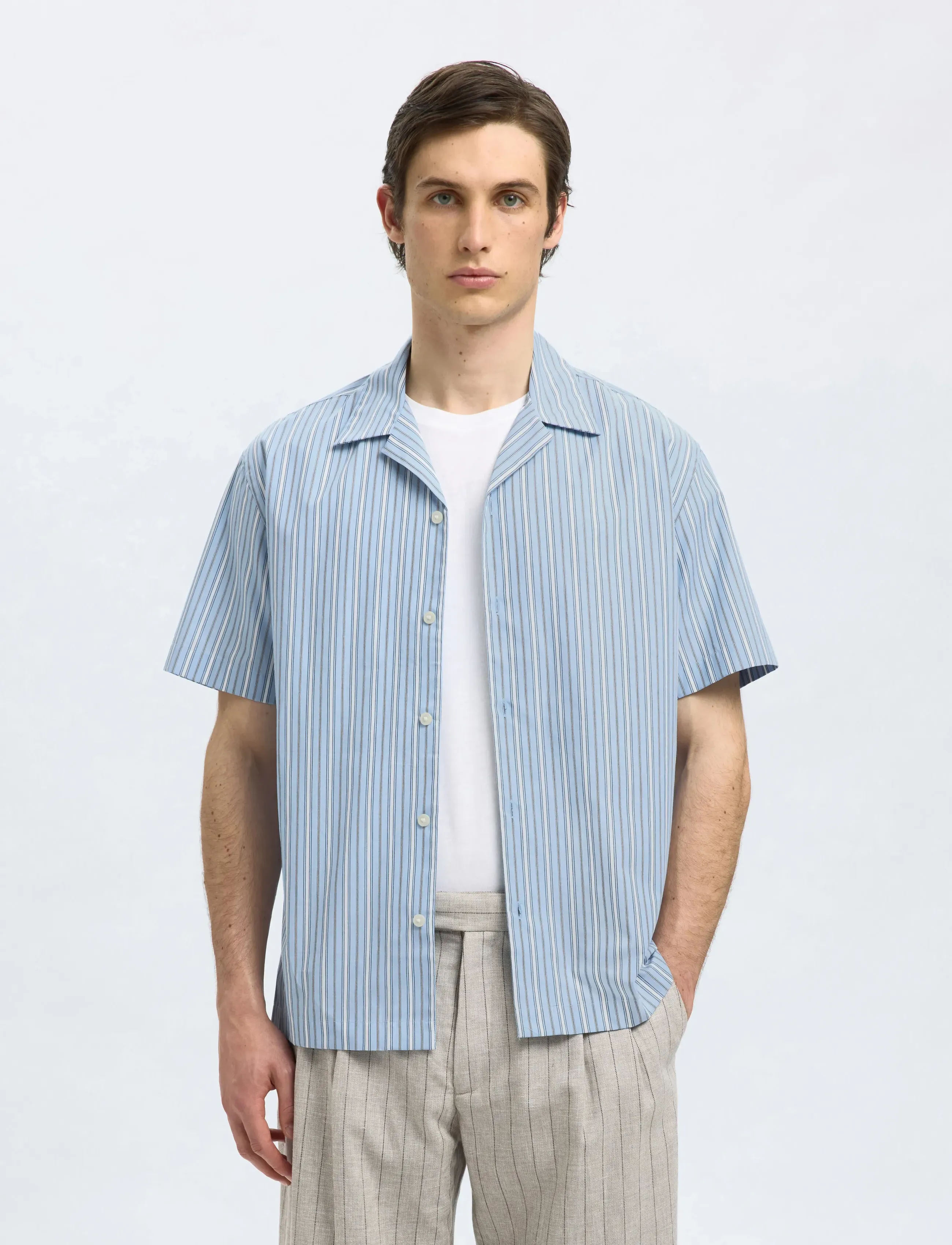 Selected Slhrlxholger Mix Ss Shirt, M, Shirts, Blau - Short-sleeved Männerswear