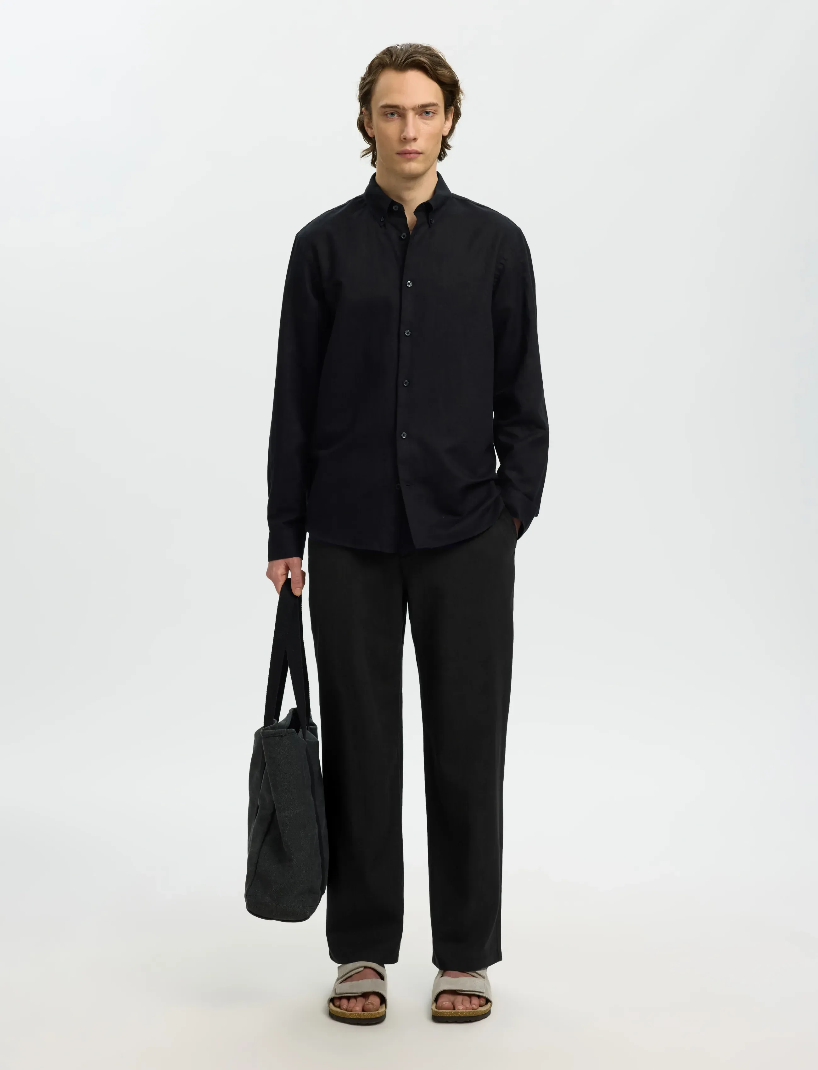 Selected - SLM220-LOOSE BRODY LINEN BLD PANT NOOS - linnen broeken - black - 5
