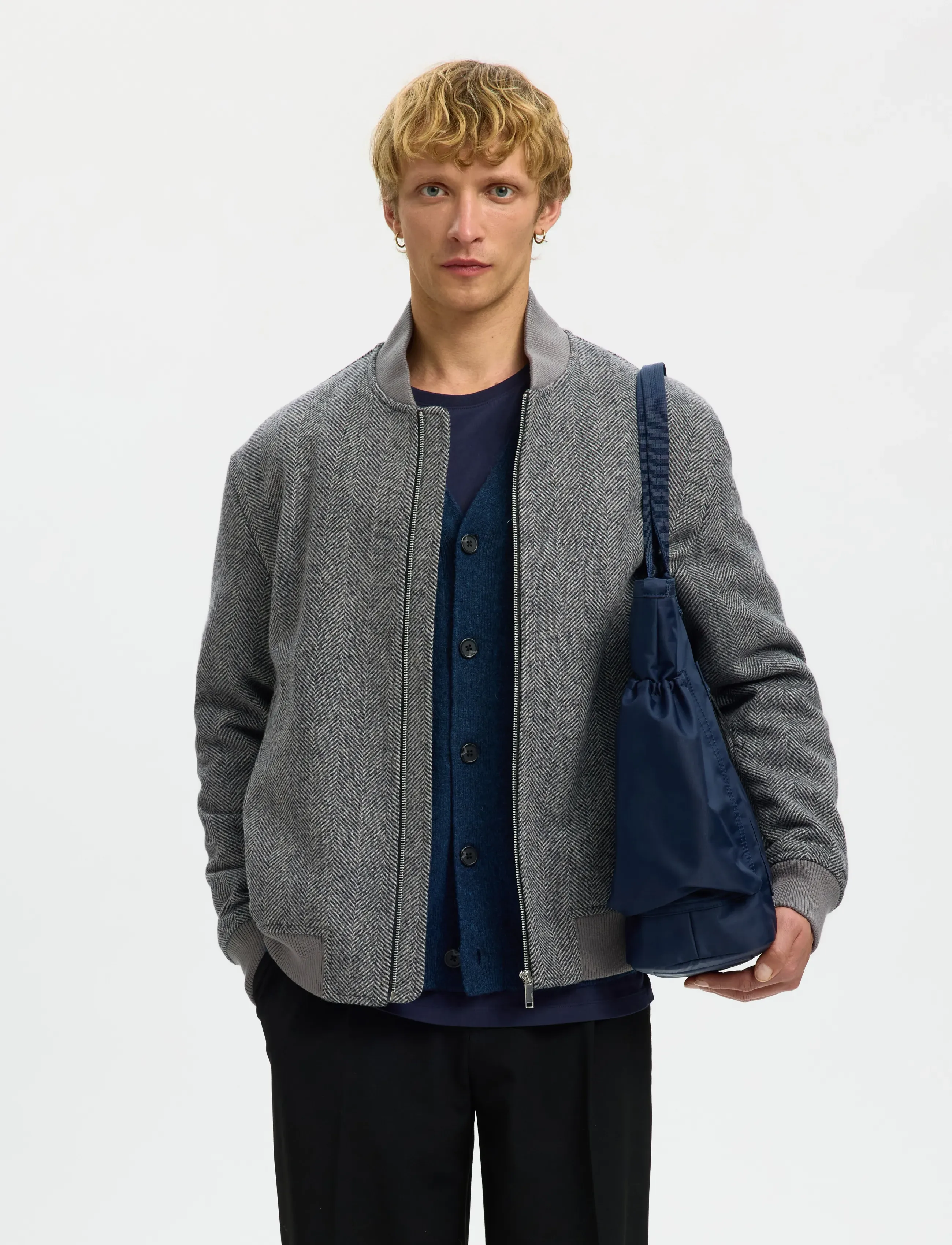 Selected Slhjens Wool Blend Bomber, Mænd, Sildebens Bomberjakke, Grå, Str: L