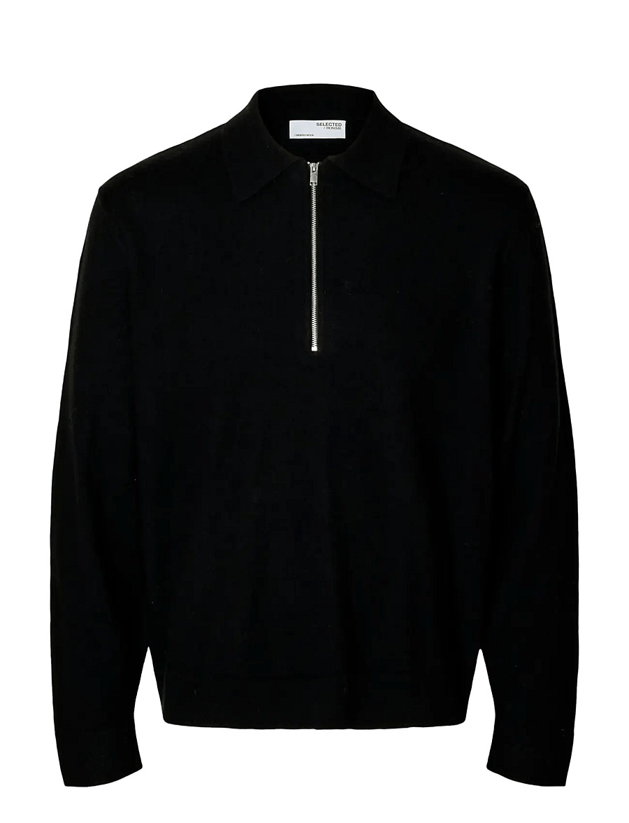 Selected - SLHTRAY MERINO BRUSHED RELAXED ZIP POLO - halfzip strik - black - 1
