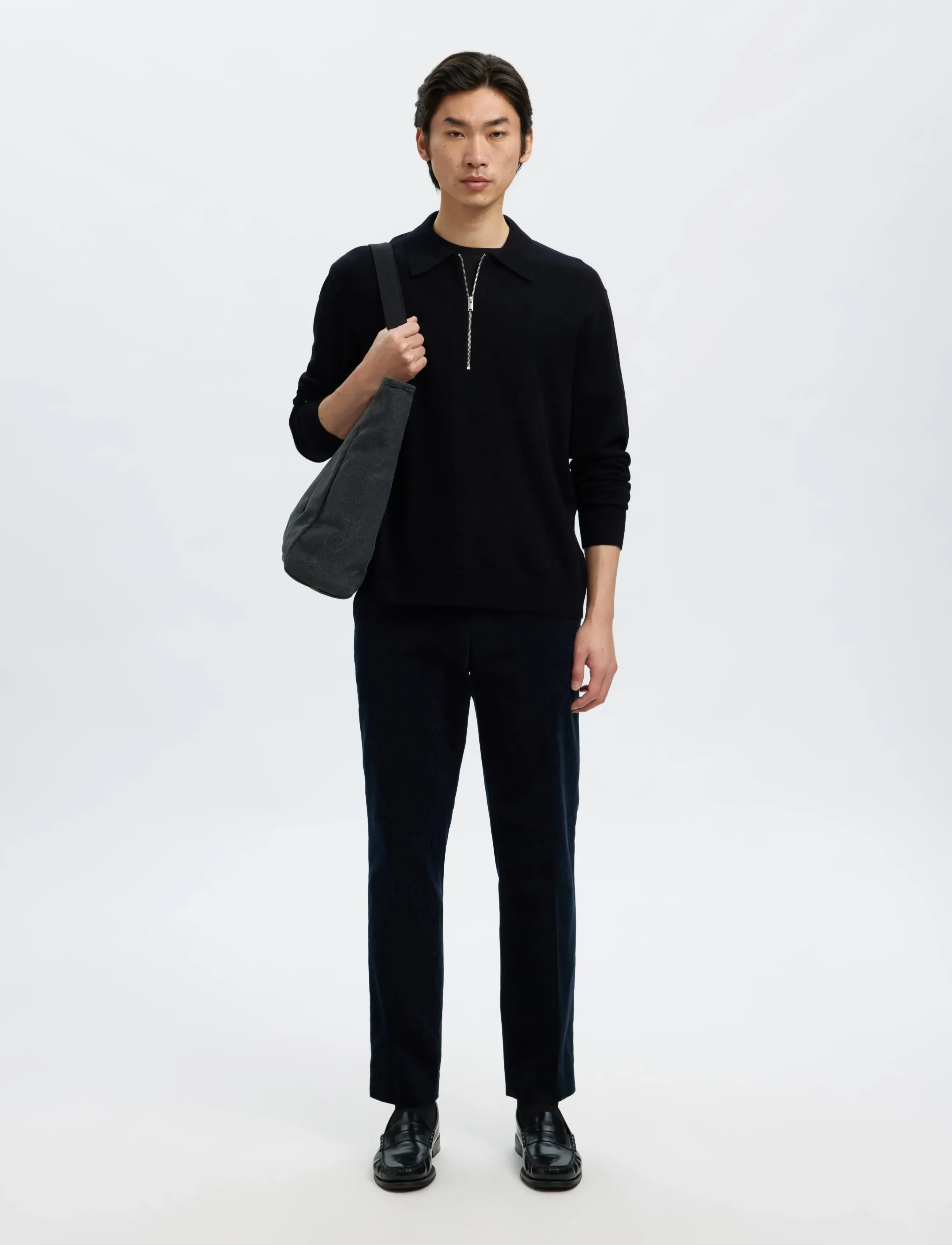 Selected - SLHTRAY MERINO BRUSHED RELAXED ZIP POLO - halfzip strik - black - 5