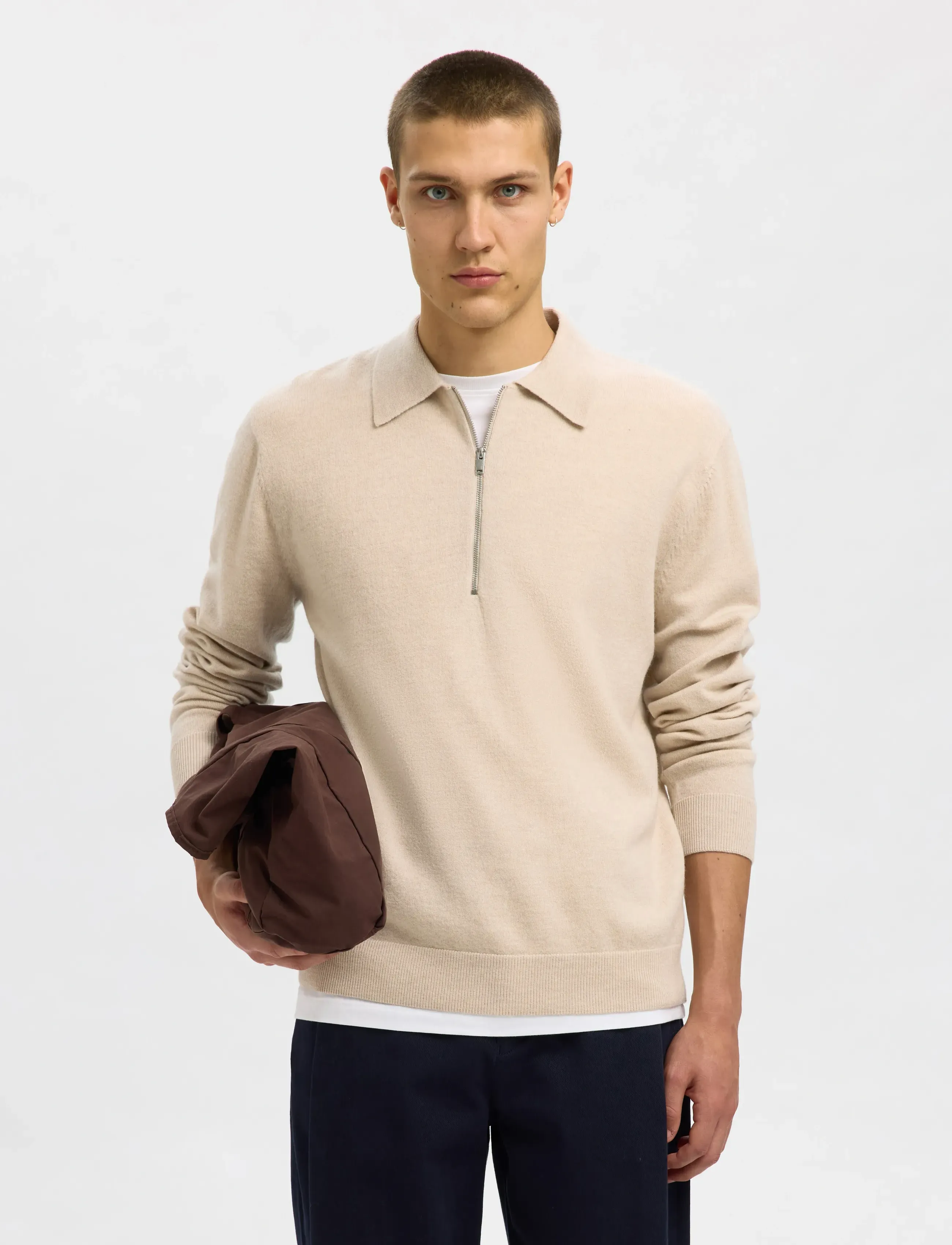 Selected Slhtray Merino Brushed Relaxed Zip Polo, M, Knitwear, Beige - Half Jumpers, Männerswear
