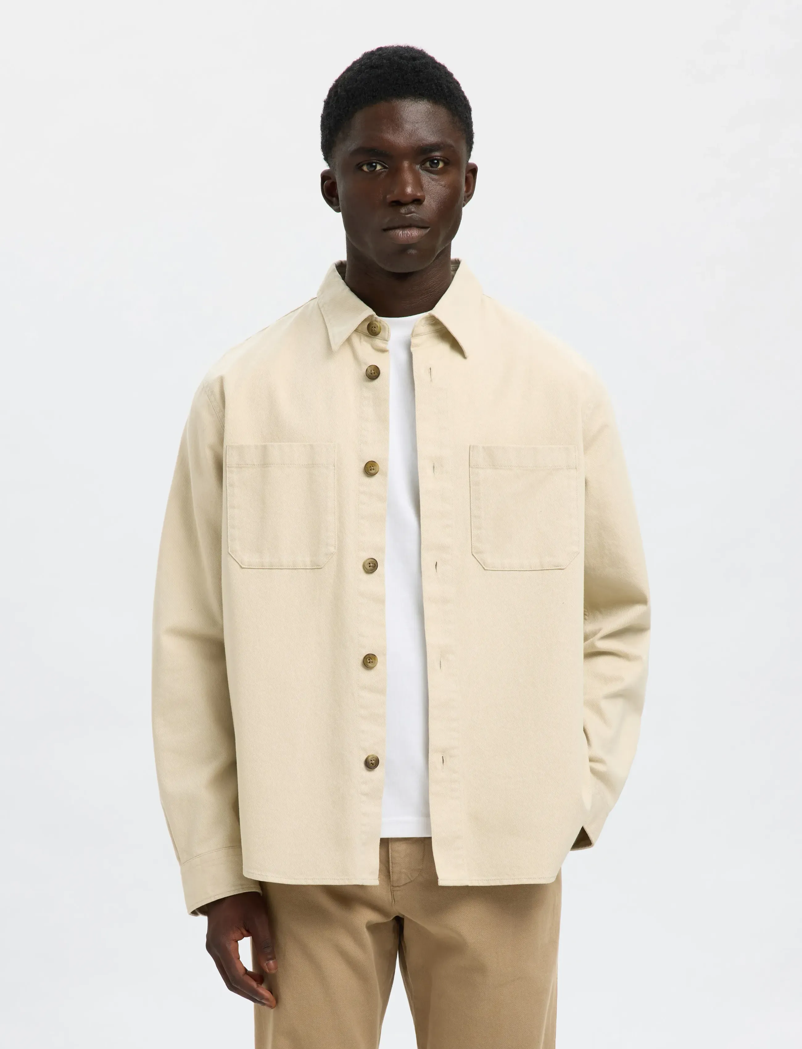 Selected Slhtravis Twill Overshirt Ls Noos, XL, Oberteile, Creme - Overshirts, Männerswear