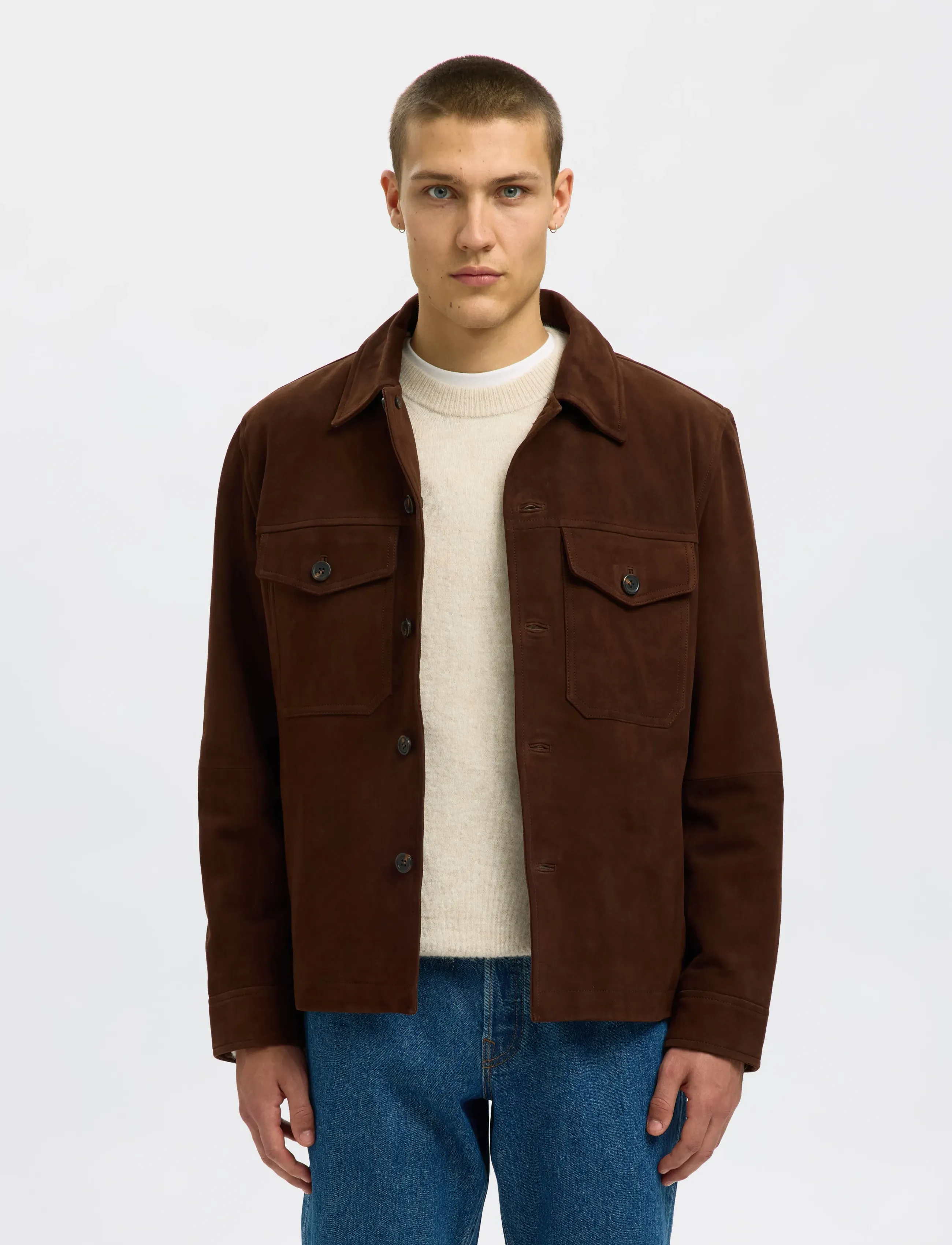 Selected Slhthom Suede Overshirt Noos, S, Jackets, Braun - Leather, Männerswear