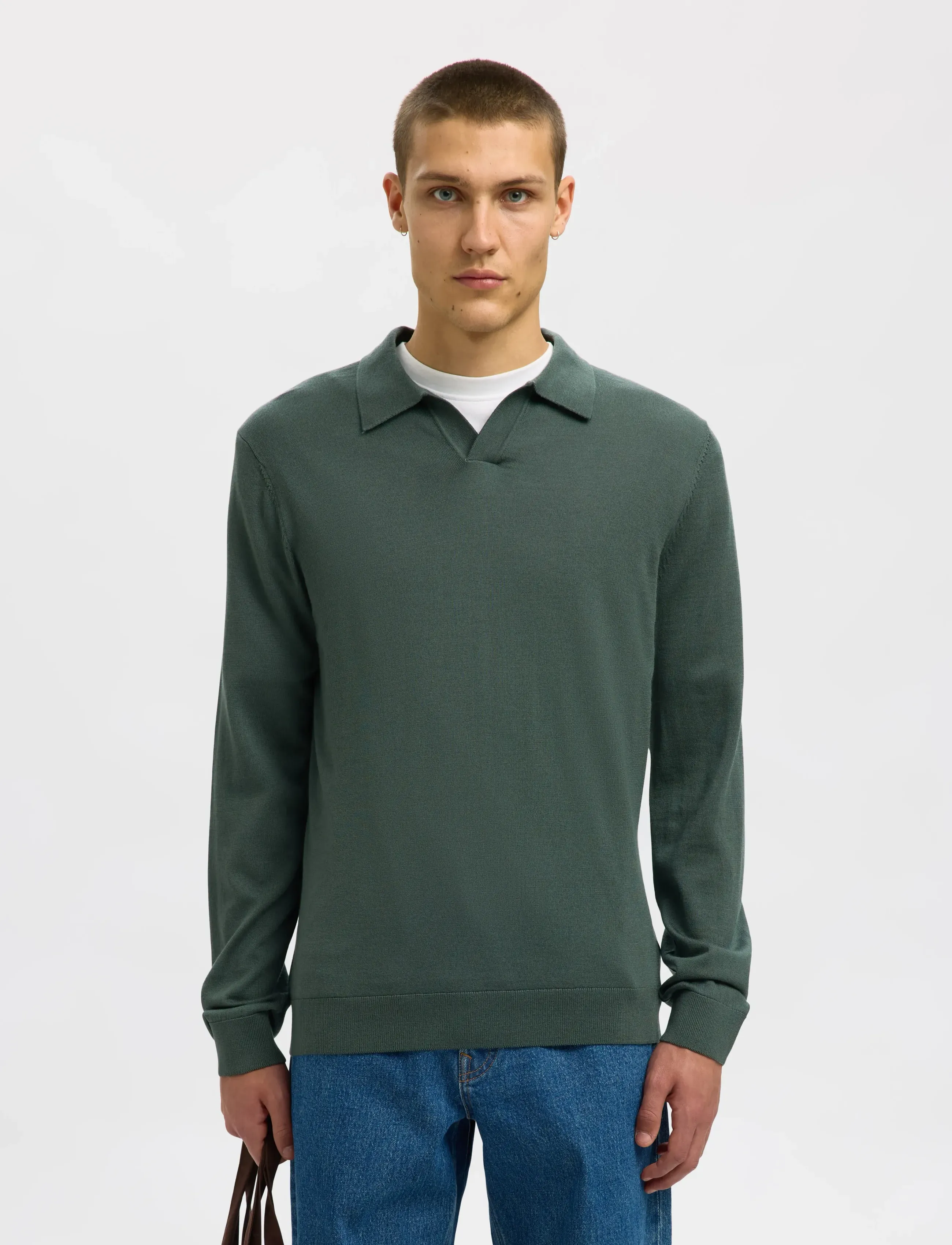 Selected SLHTRAY LS KNIT MERINO OPEN POLO - Gestrickte Polohemden - DEEP FOREST / green