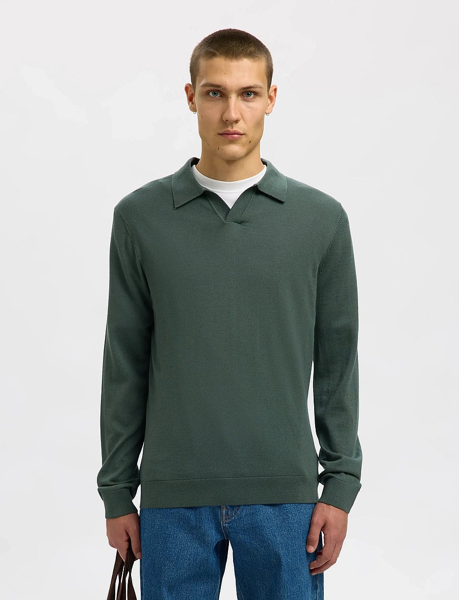 Selected - SLHTRAY LS KNIT MERINO OPEN POLO - long-sleeved knitted polos - deep forest - 0