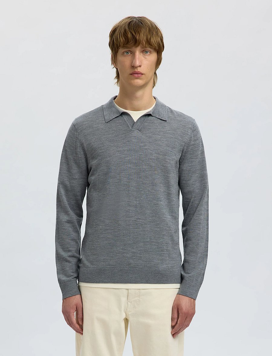Selected - SLHTRAY LS KNIT MERINO OPEN POLO - pikkade varrukatega kootud polod - medium grey melange - 0