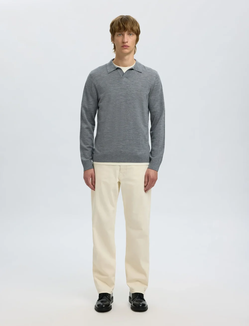 Selected - SLHTRAY LS KNIT MERINO OPEN POLO - polostrik - medium grey melange - 3