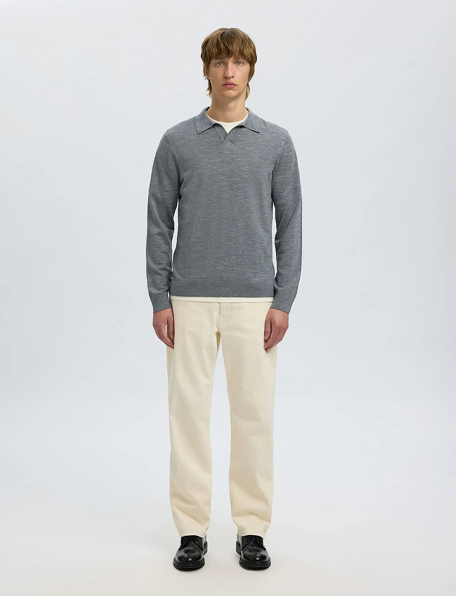 Selected - SLHTRAY LS KNIT MERINO OPEN POLO - pikkade varrukatega kootud polod - medium grey melange - 3