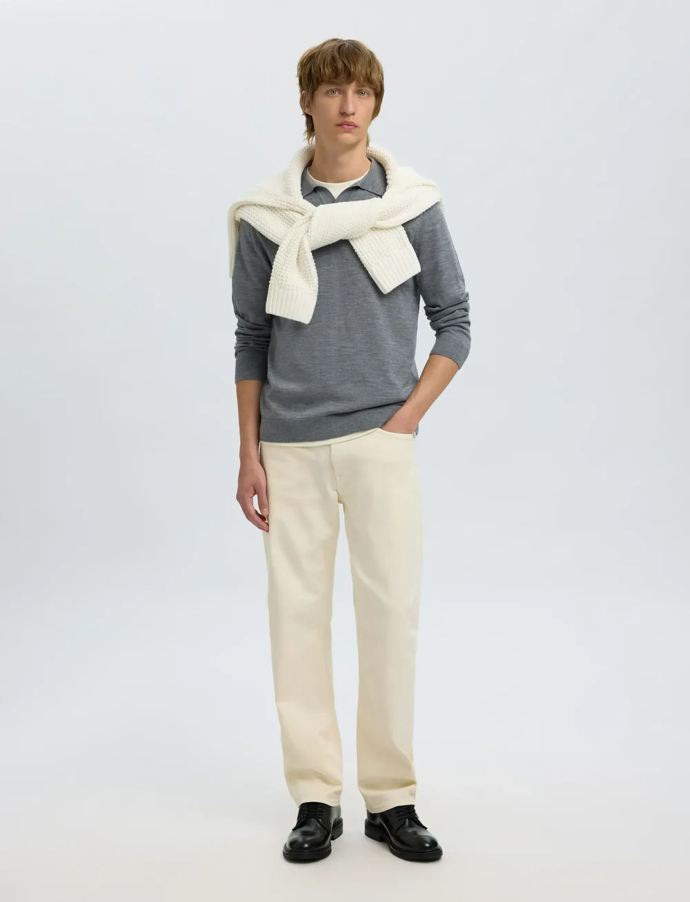 Selected - SLHTRAY LS KNIT MERINO OPEN POLO - polostrik - medium grey melange - 4