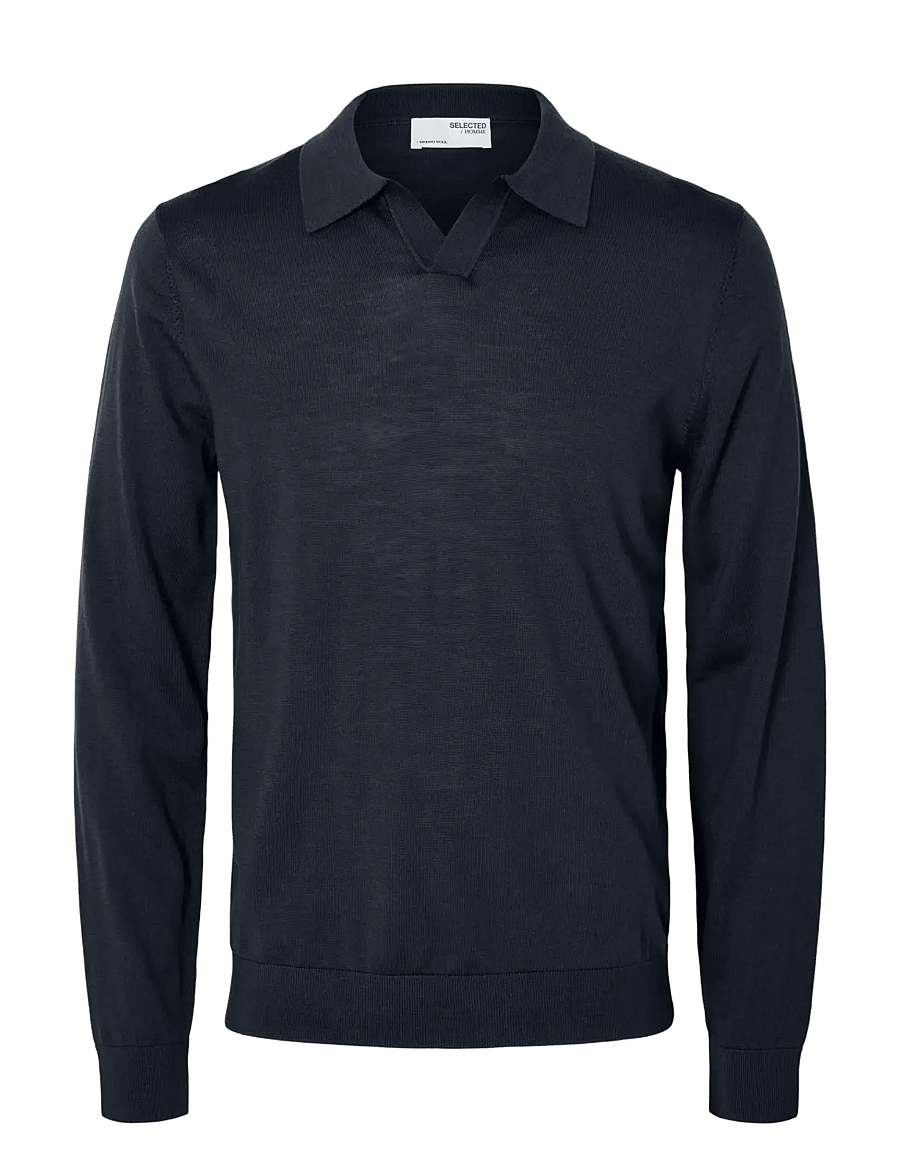 Selected - SLHTRAY LS KNIT MERINO OPEN POLO - langärmelige strick-polohemden - navy blazer - 1