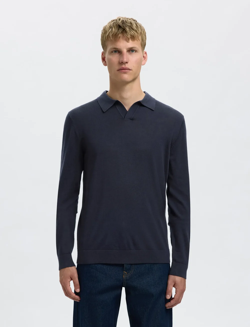 Selected - SLHTRAY LS KNIT MERINO OPEN POLO - kootud polosärgid - navy blazer - 0