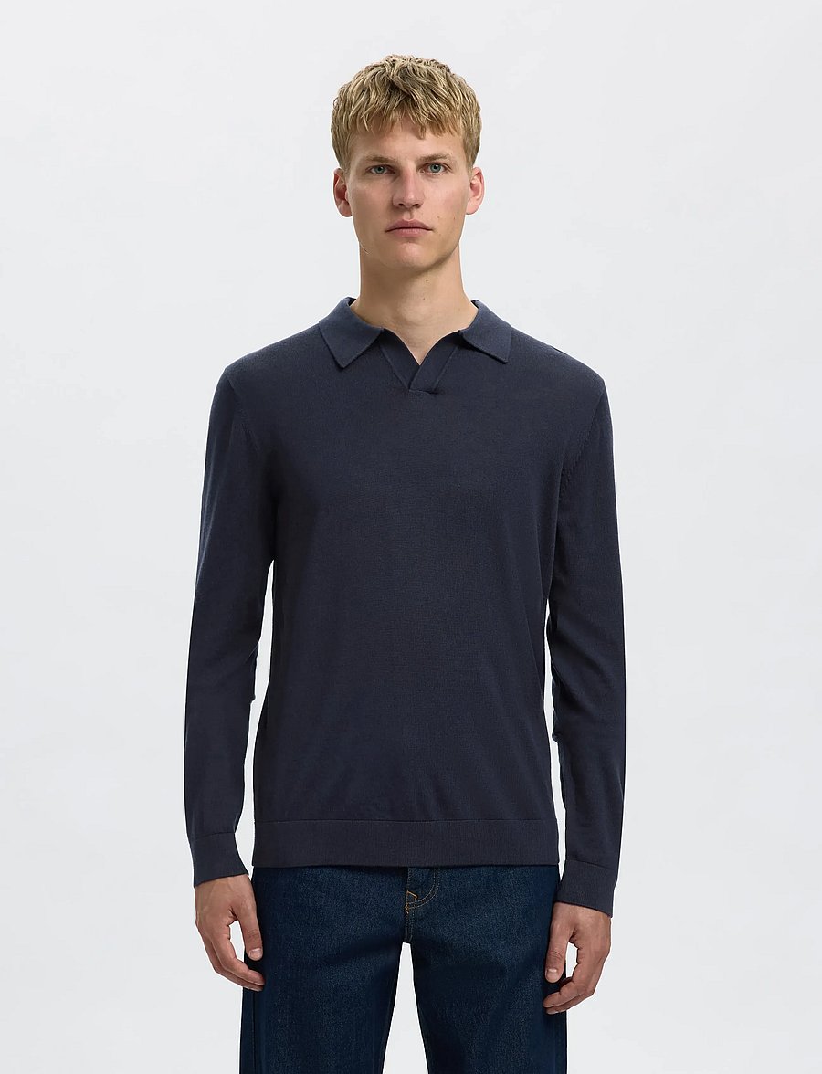 Selected - SLHTRAY LS KNIT MERINO OPEN POLO - langärmelige strick-polohemden - navy blazer - 0