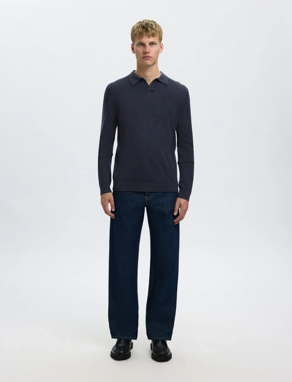 Selected - SLHTRAY LS KNIT MERINO OPEN POLO - kootud polosärgid - navy blazer - 3