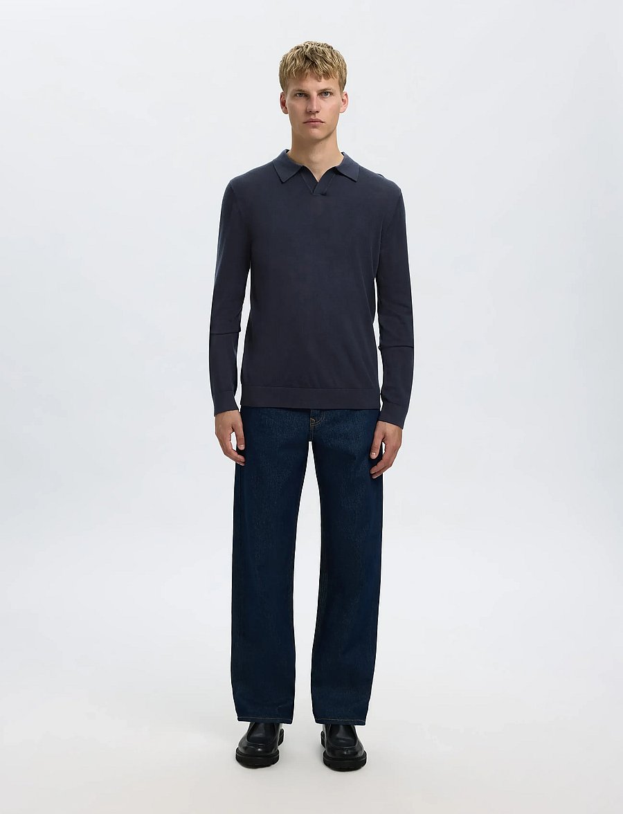 Selected - SLHTRAY LS KNIT MERINO OPEN POLO - langärmelige strick-polohemden - navy blazer - 3